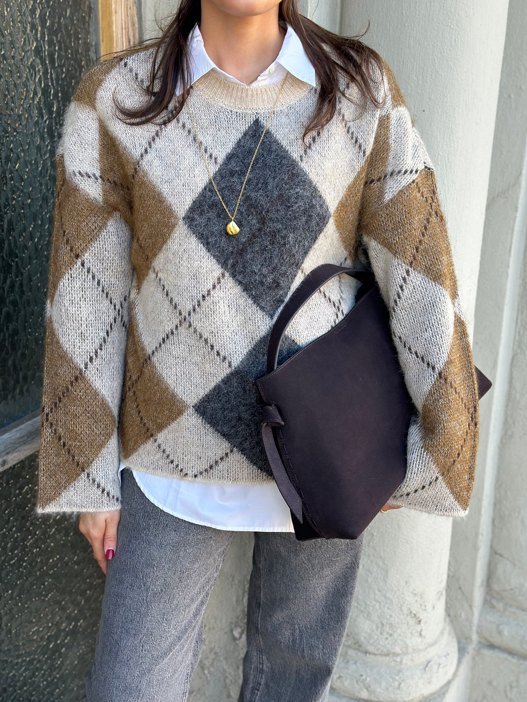 ONLY - NOEME LS PATTERN O-NECK KNIT - OATMEAL/ARGYLE