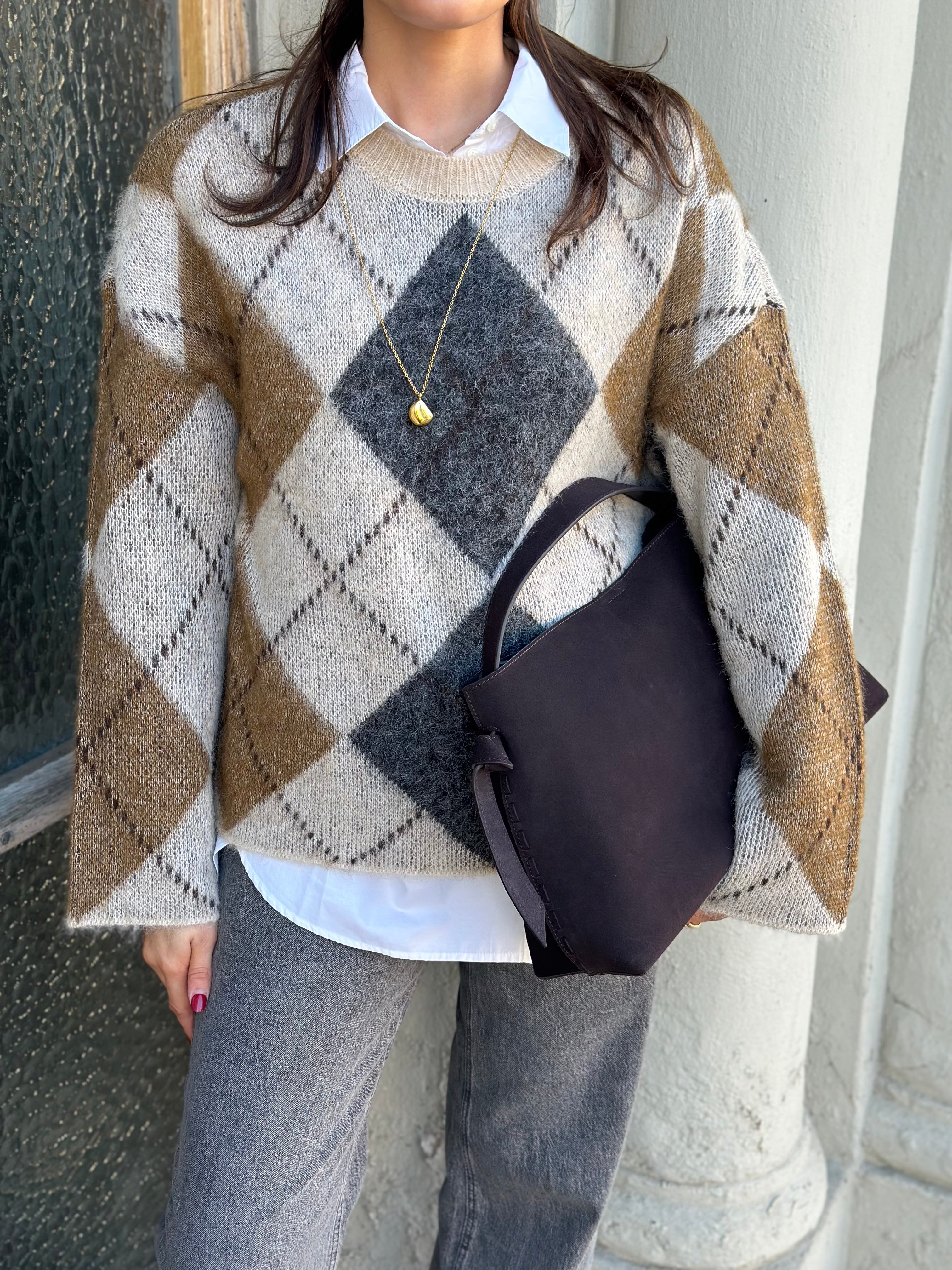 ONLY - NOEME LS PATTERN O-NECK KNIT - OATMEAL/ARGYLE