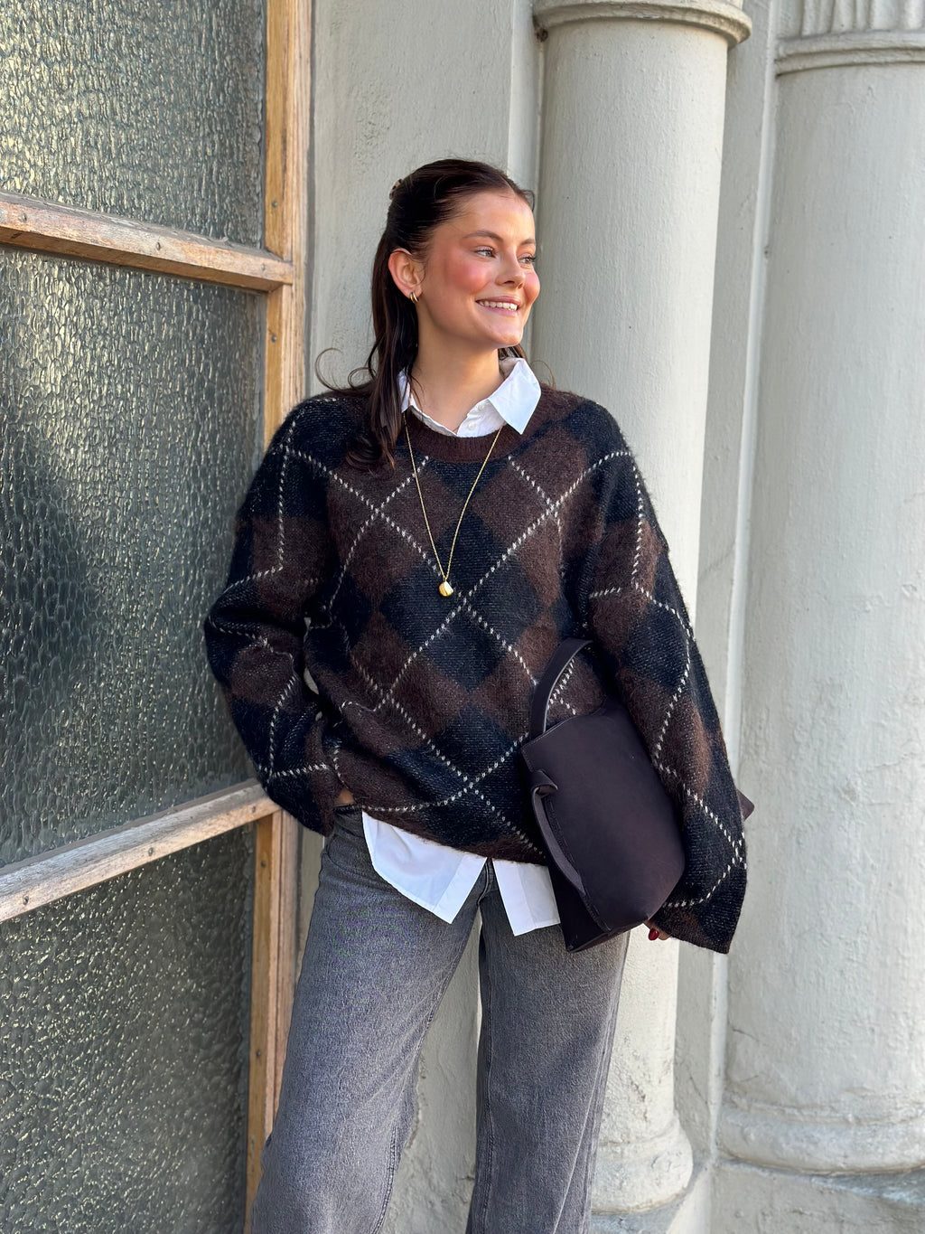 ONLY - NOEME LS PATTERN O-NECK KNIT - COFFEE BEAN/BIG ARGYLE