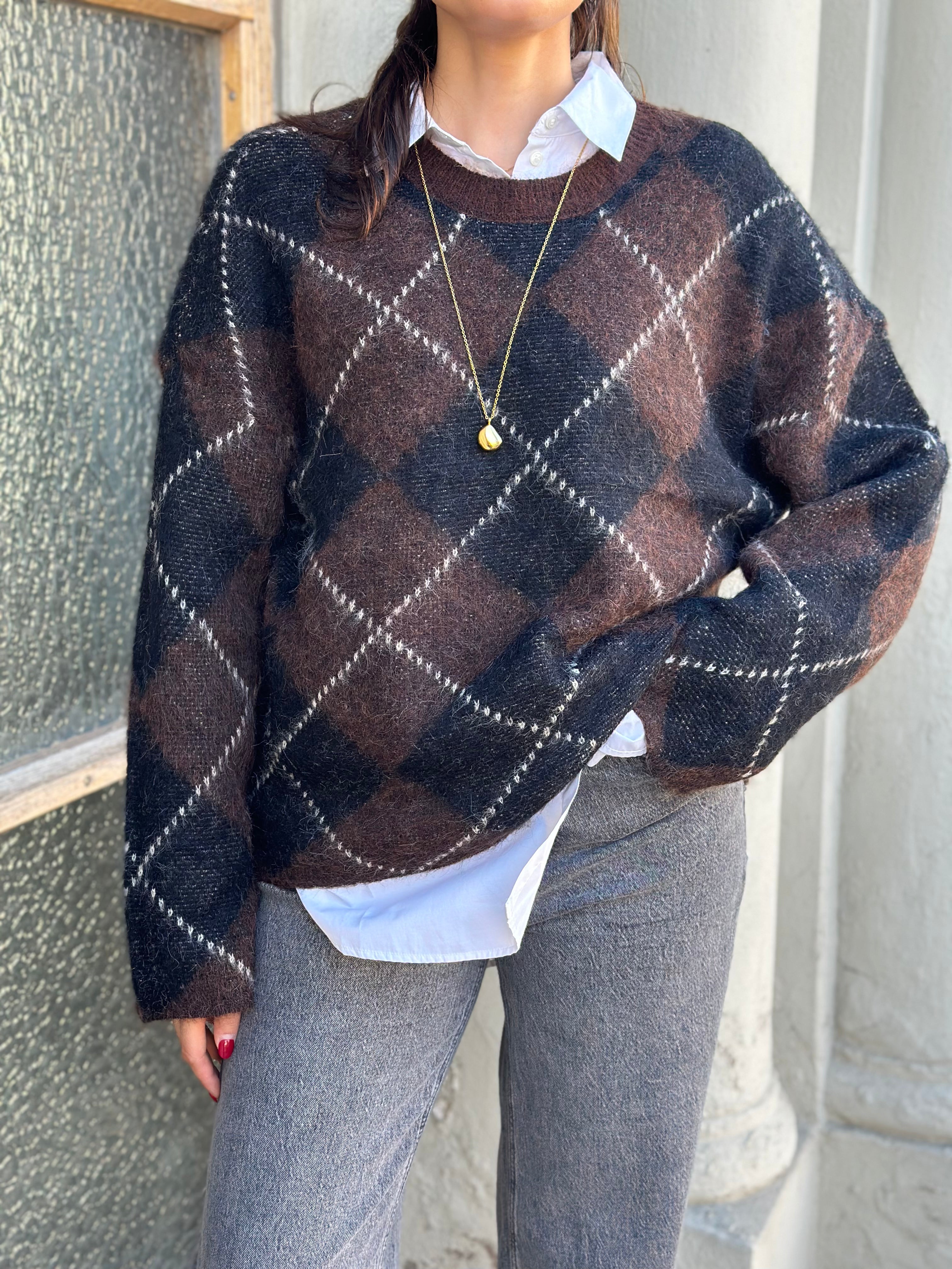 ONLY - NOEME LS PATTERN O-NECK KNIT - COFFEE BEAN/BIG ARGYLE