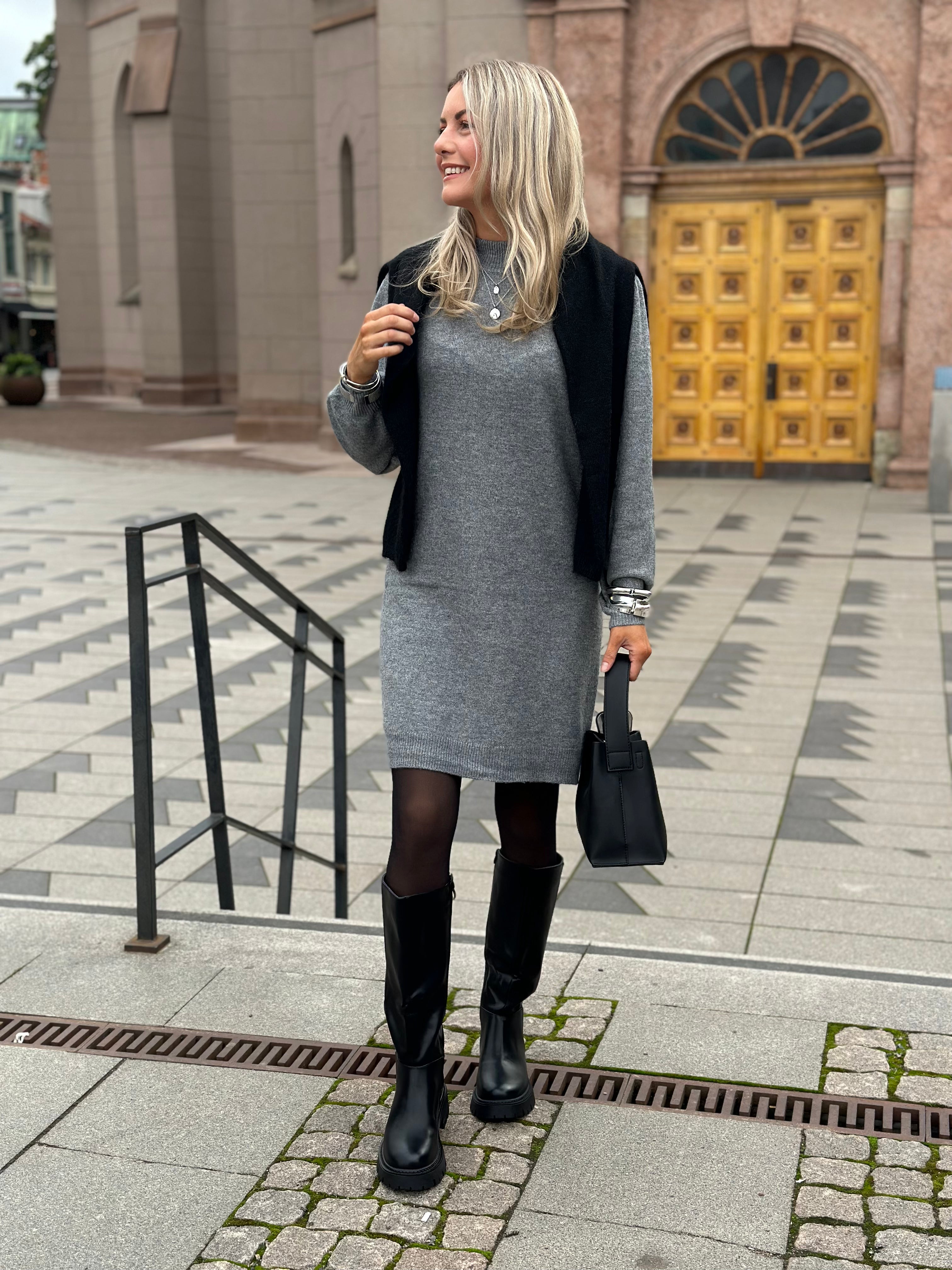 JDY - RUE LIFE L/S HIGH NECK DRESS - MEDIUM GREY MELANGE