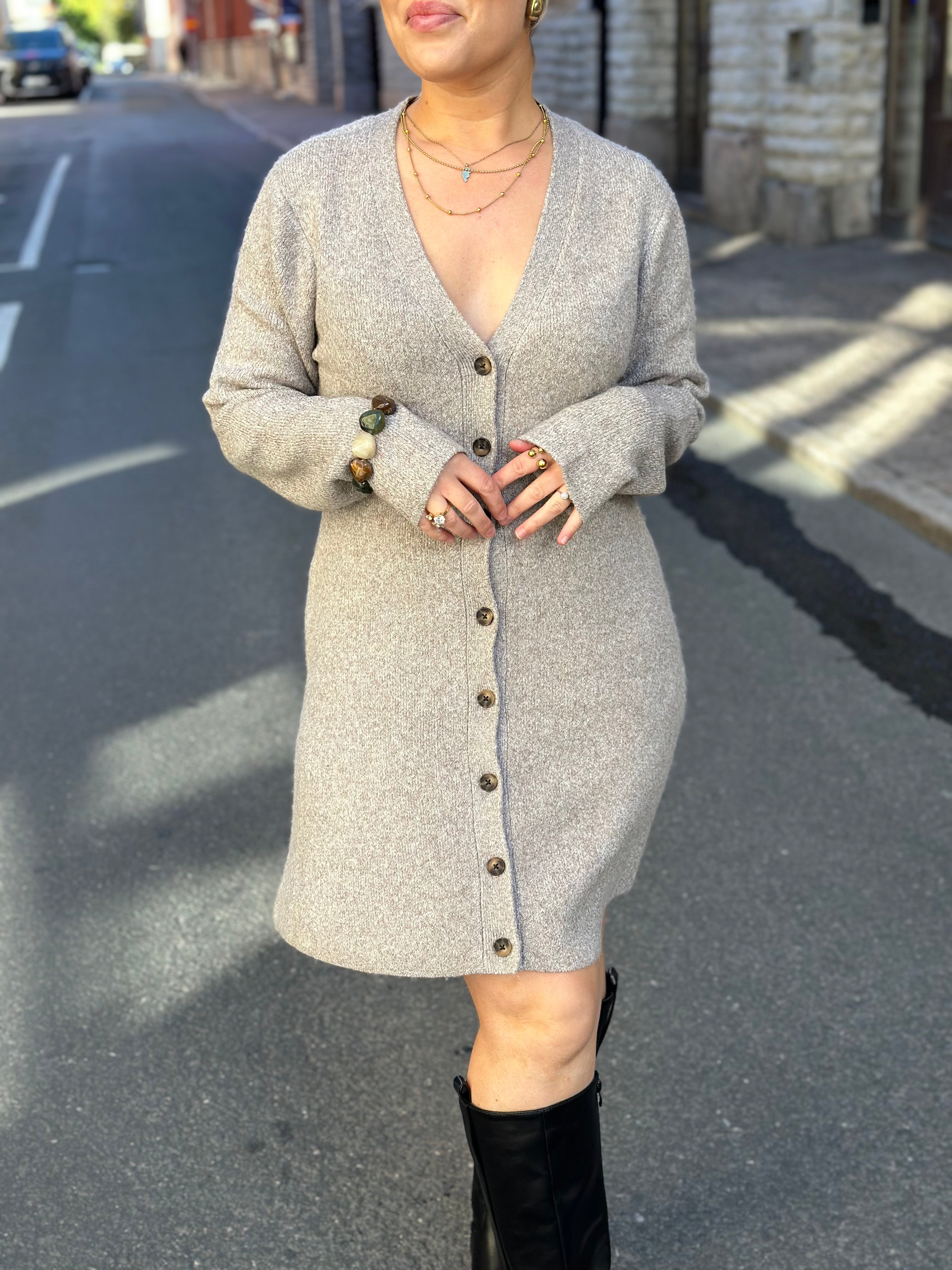 VERO MODA - DOFFY JAQUARD LS V-NECK BUTTON DRESS - MOON ROCK/MELANGE