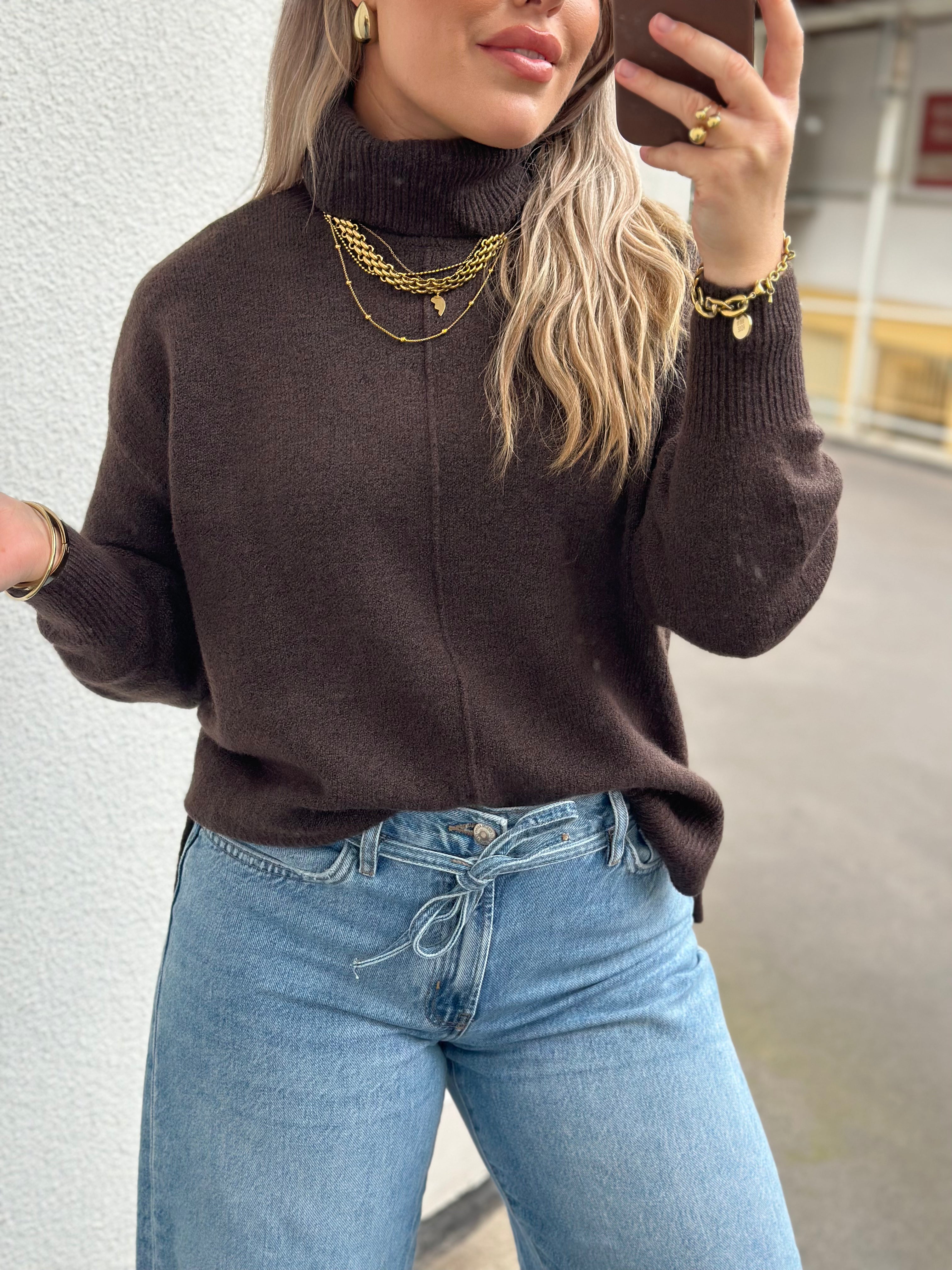 PIECES - MALOU LS ROLLNECK KNIT - HOT FUDGE/MELANGE