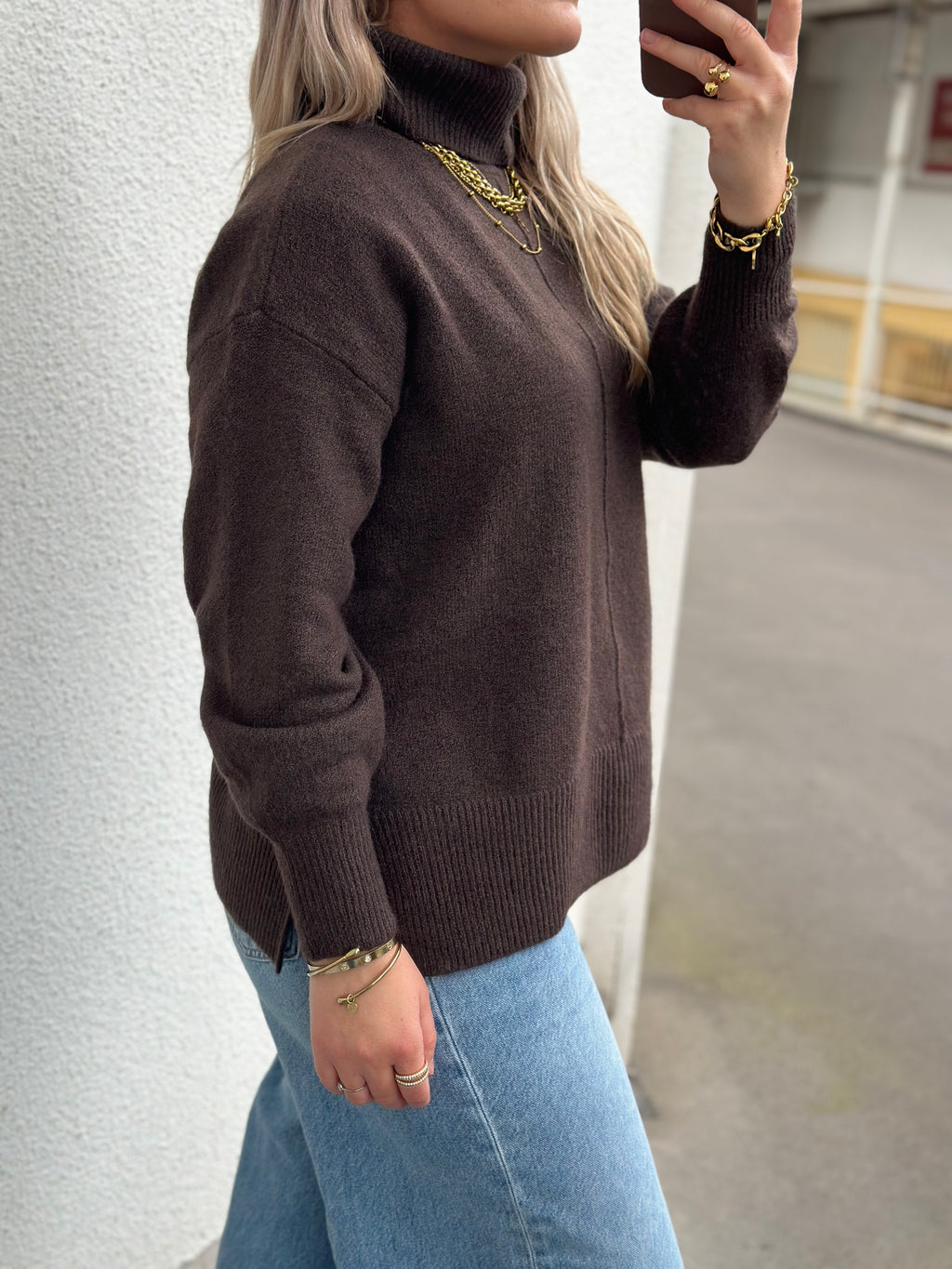 PIECES - MALOU LS ROLLNECK KNIT - HOT FUDGE/MELANGE