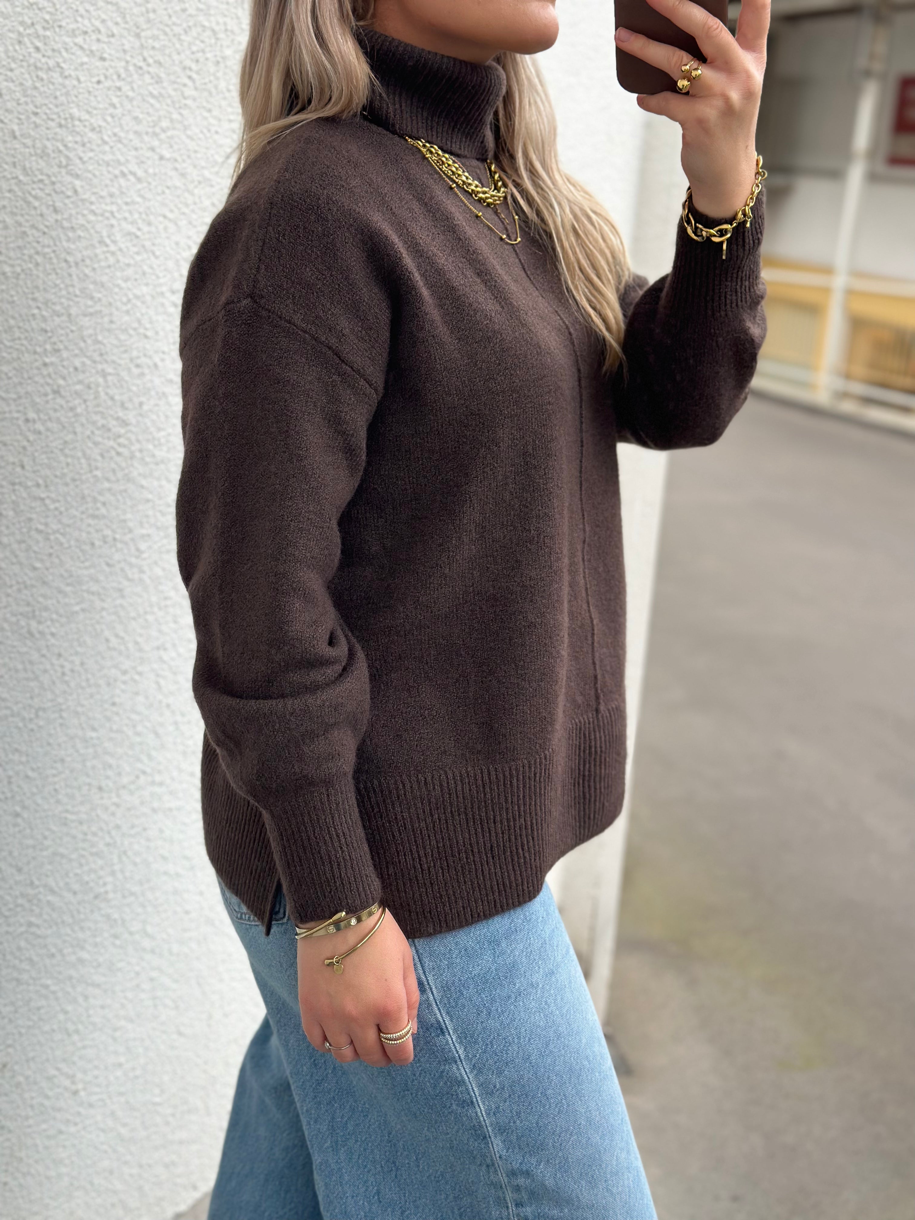 PIECES - MALOU LS ROLLNECK KNIT - HOT FUDGE/MELANGE