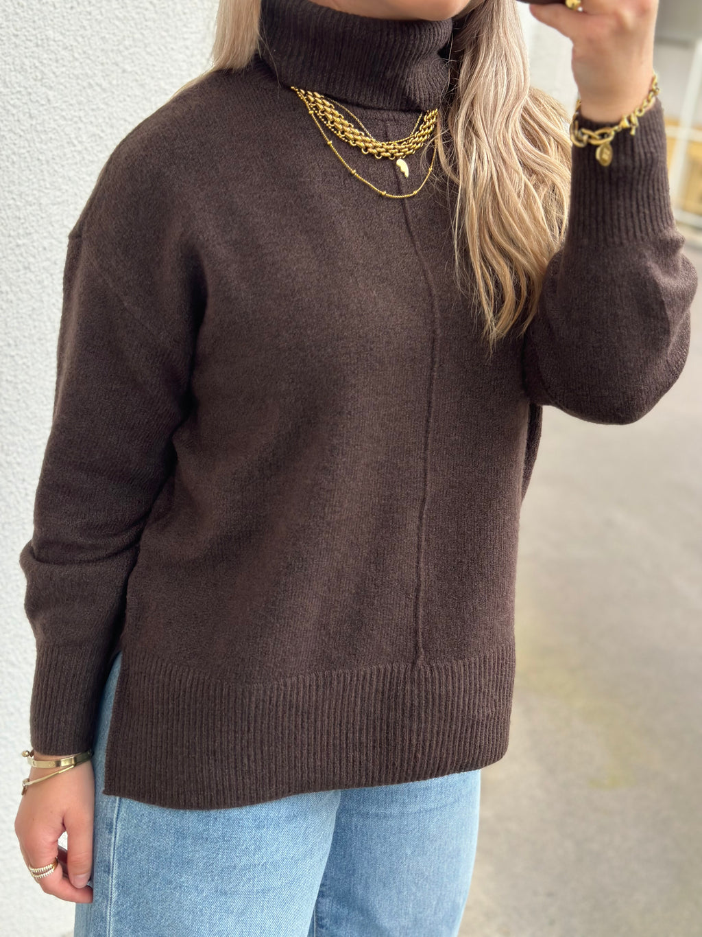 PIECES - MALOU LS ROLLNECK KNIT - HOT FUDGE/MELANGE