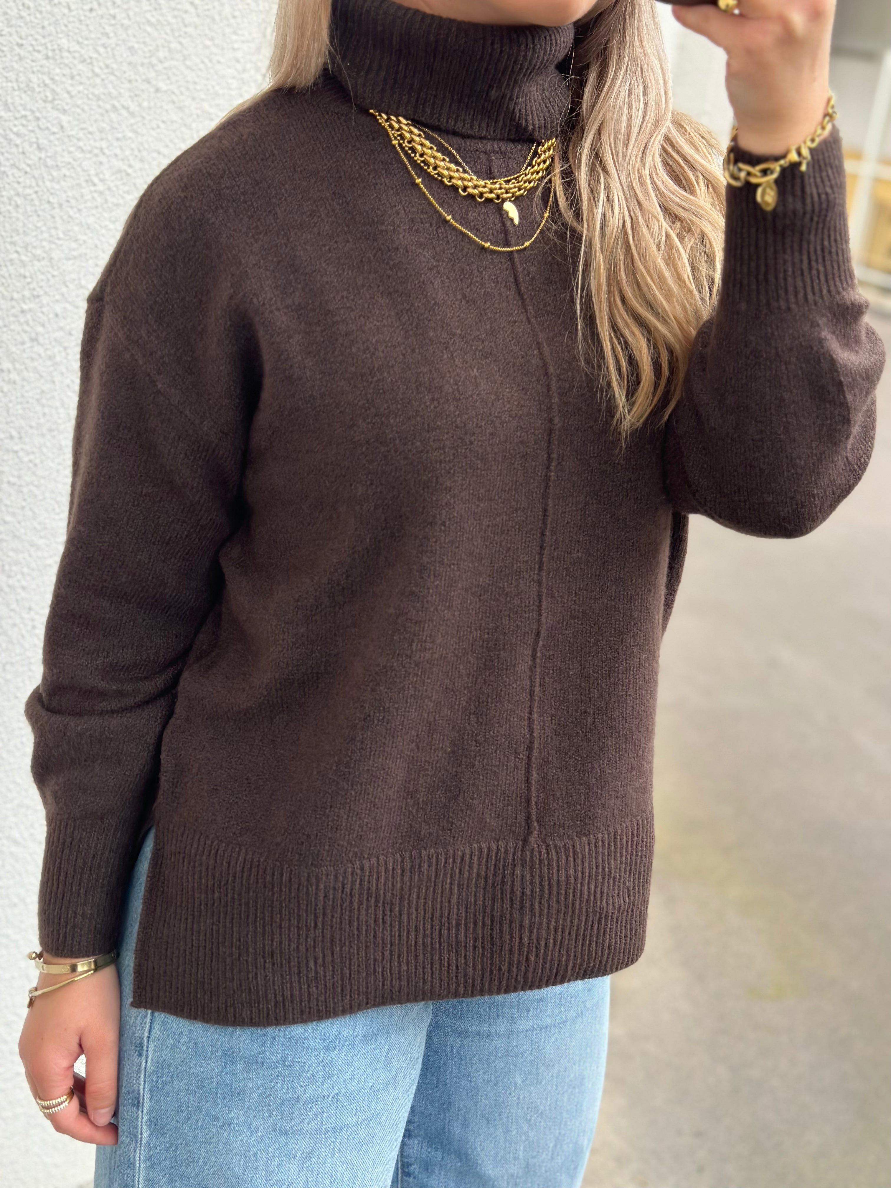 PIECES - MALOU LS ROLLNECK KNIT - HOT FUDGE/MELANGE