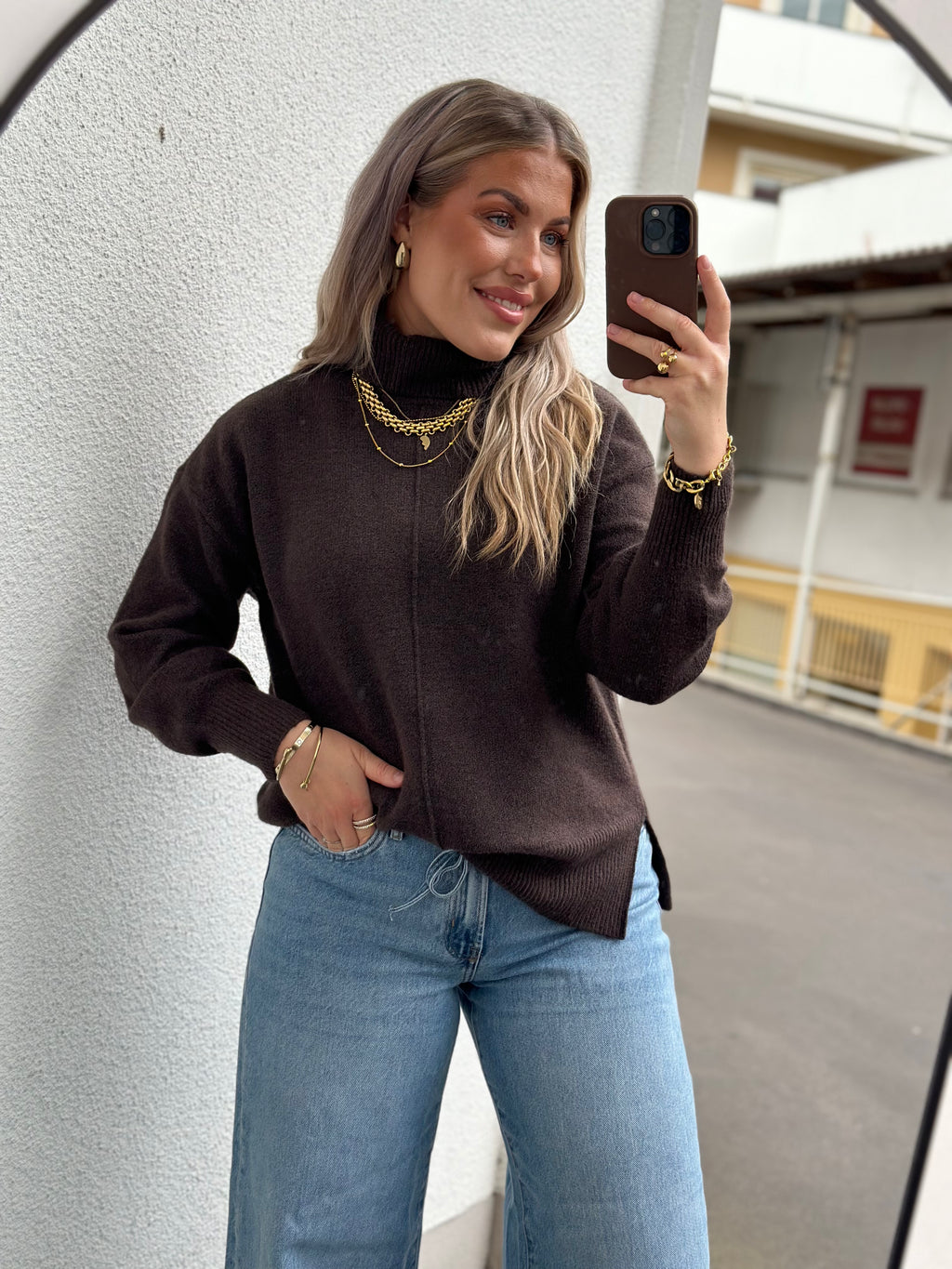 PIECES - MALOU LS ROLLNECK KNIT - HOT FUDGE/MELANGE