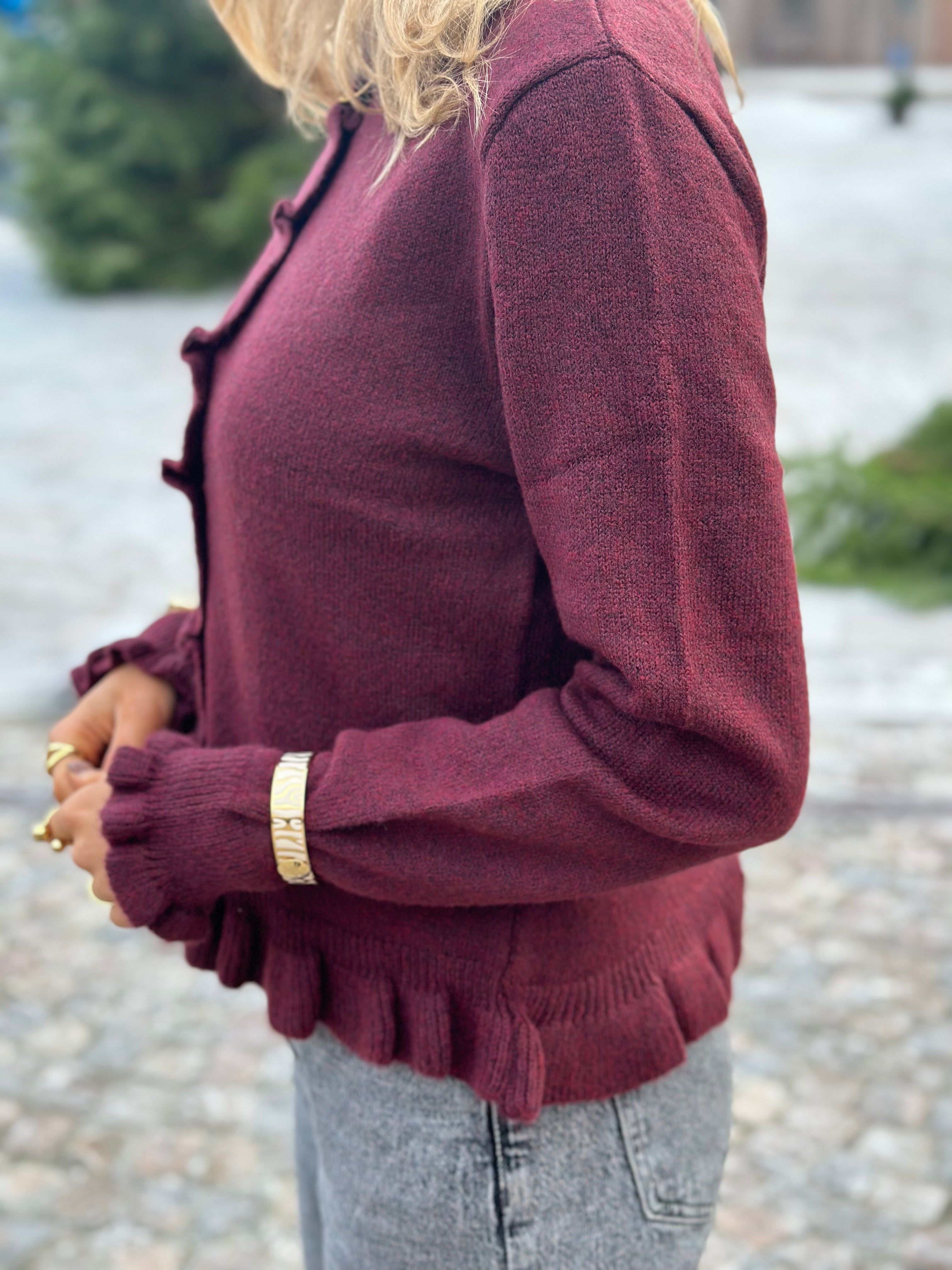 JDY - LETTY L/S ON FRILL CARDIGAN - MAROON BANNER/MELANGE