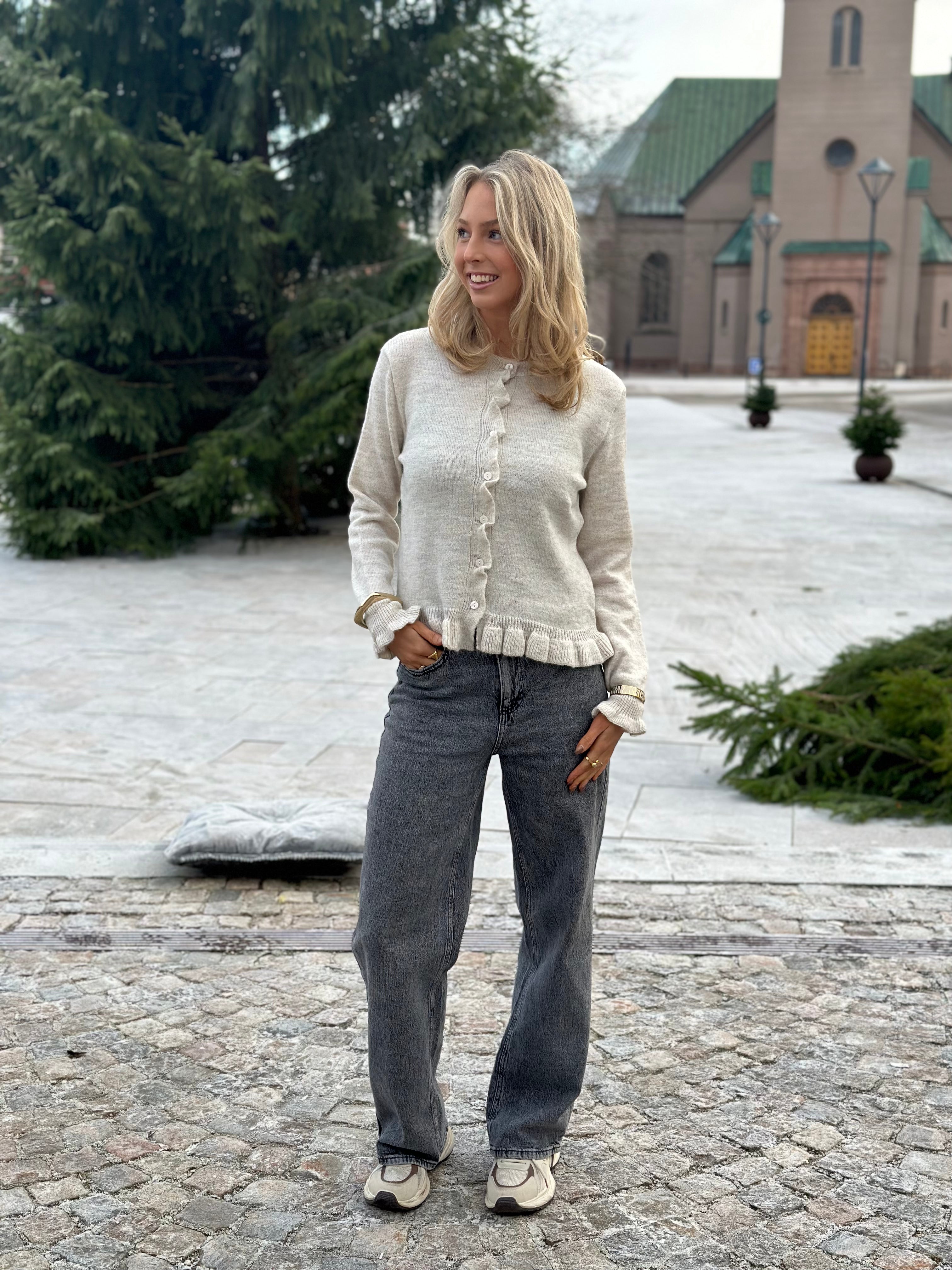 JDY - LETTY L/S ON FRILL CARDIGAN - BIRCH MELANGE