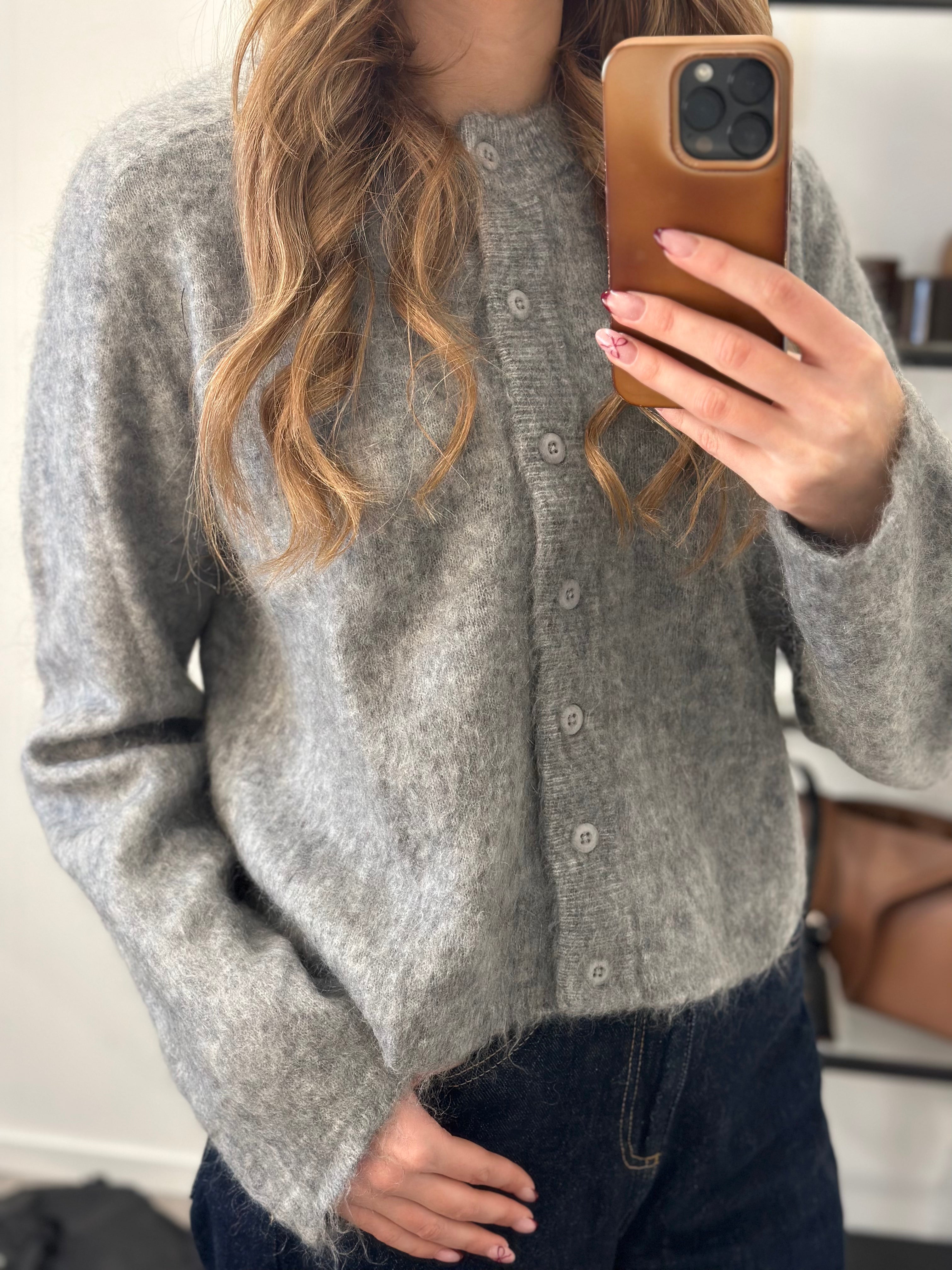 PIECES - MANIKA LS O-NECK KNIT CARDIGAN - MEDIUM GREY MELANGE