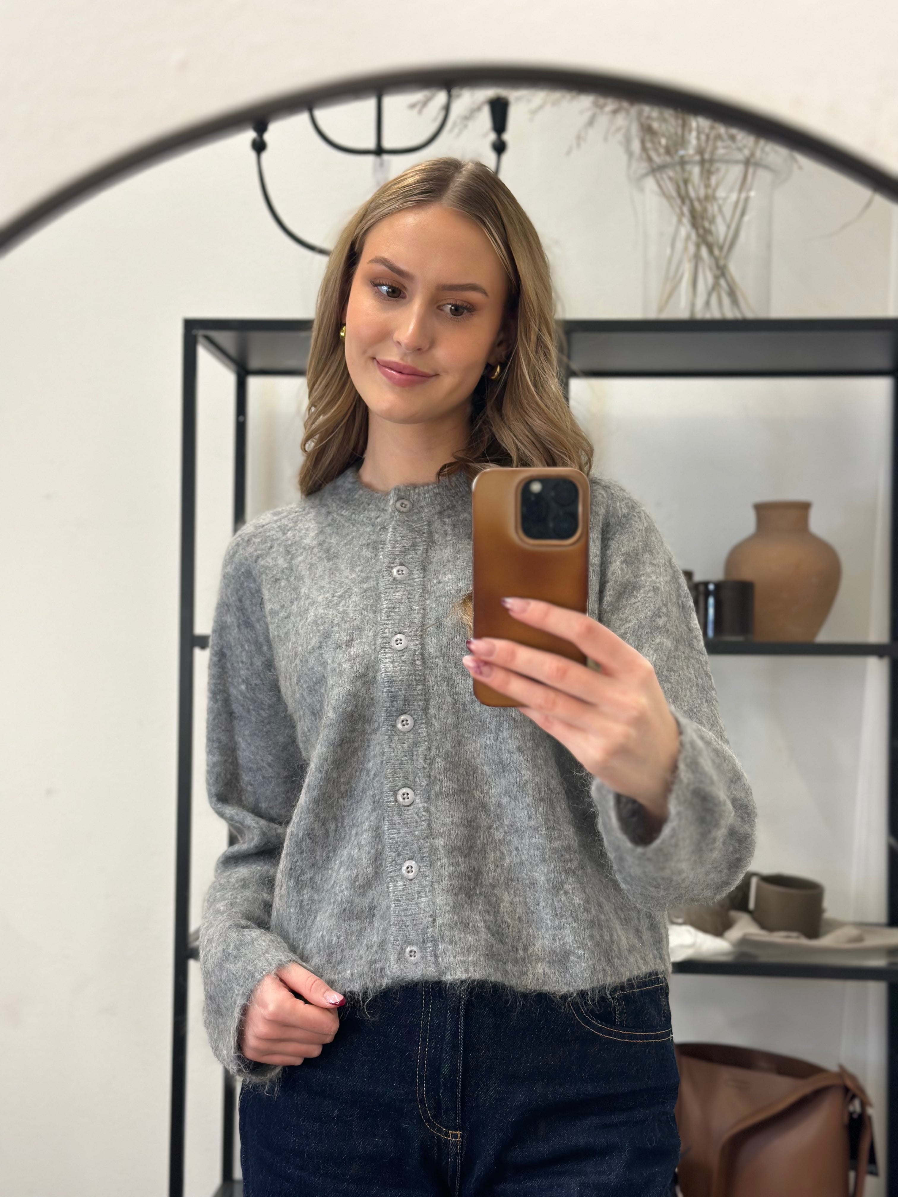 PIECES - MANIKA LS O-NECK KNIT CARDIGAN - MEDIUM GREY MELANGE