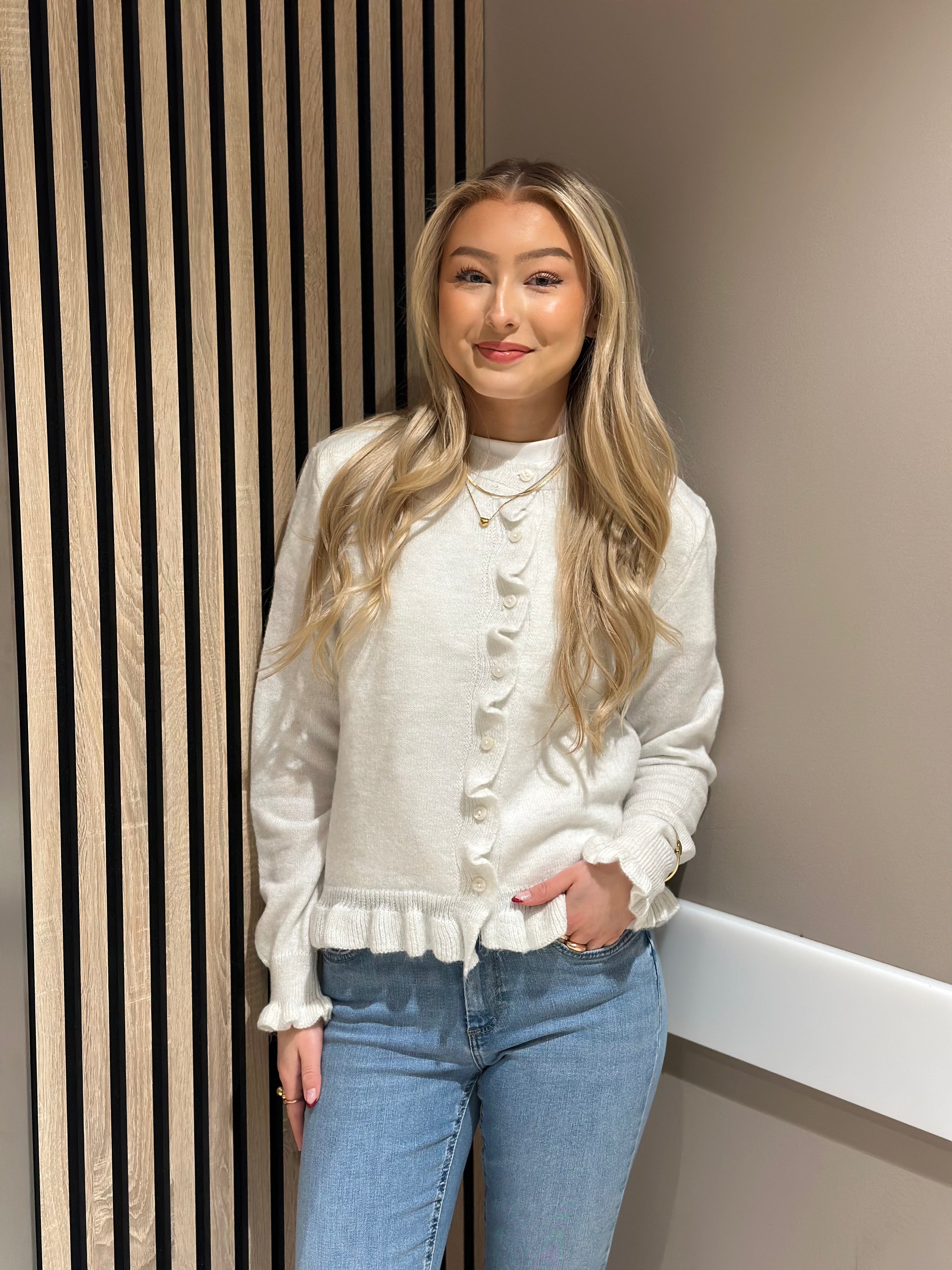 JDY - LETTY L/S ON FRILL CARDIGAN - CLOUD DANCER MELANGE