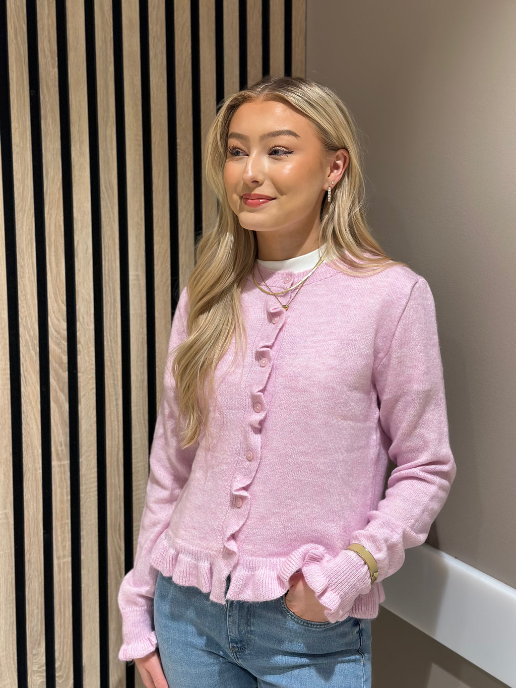 JDY - LETTY L/S ON FRILL CARDIGAN - PINK LADY MELANGE