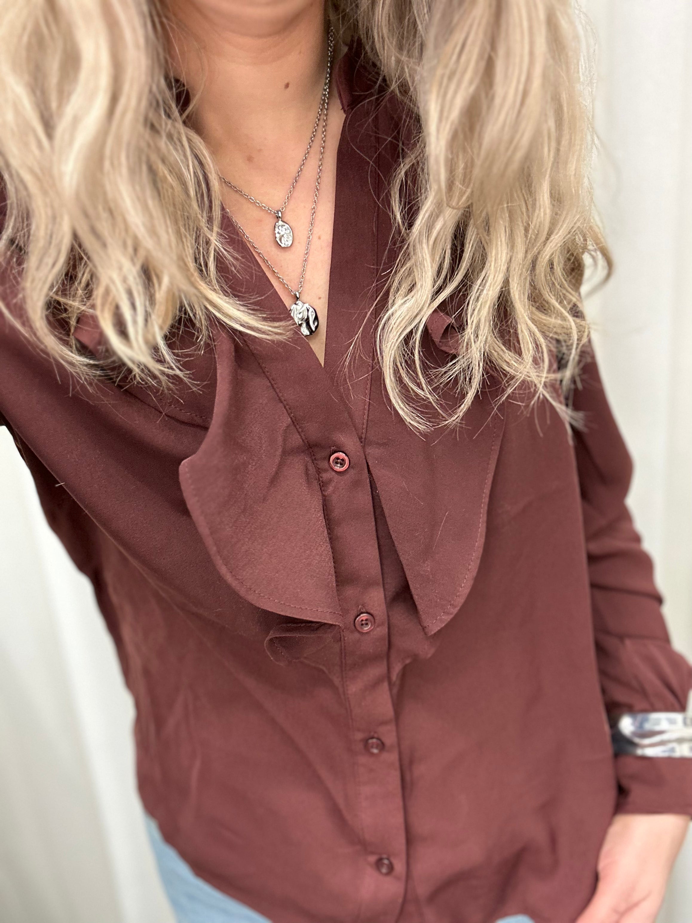 ONLY - THALIA LIFE LS V-NECK FRILL TOP - DECADENT CHOCOLATE