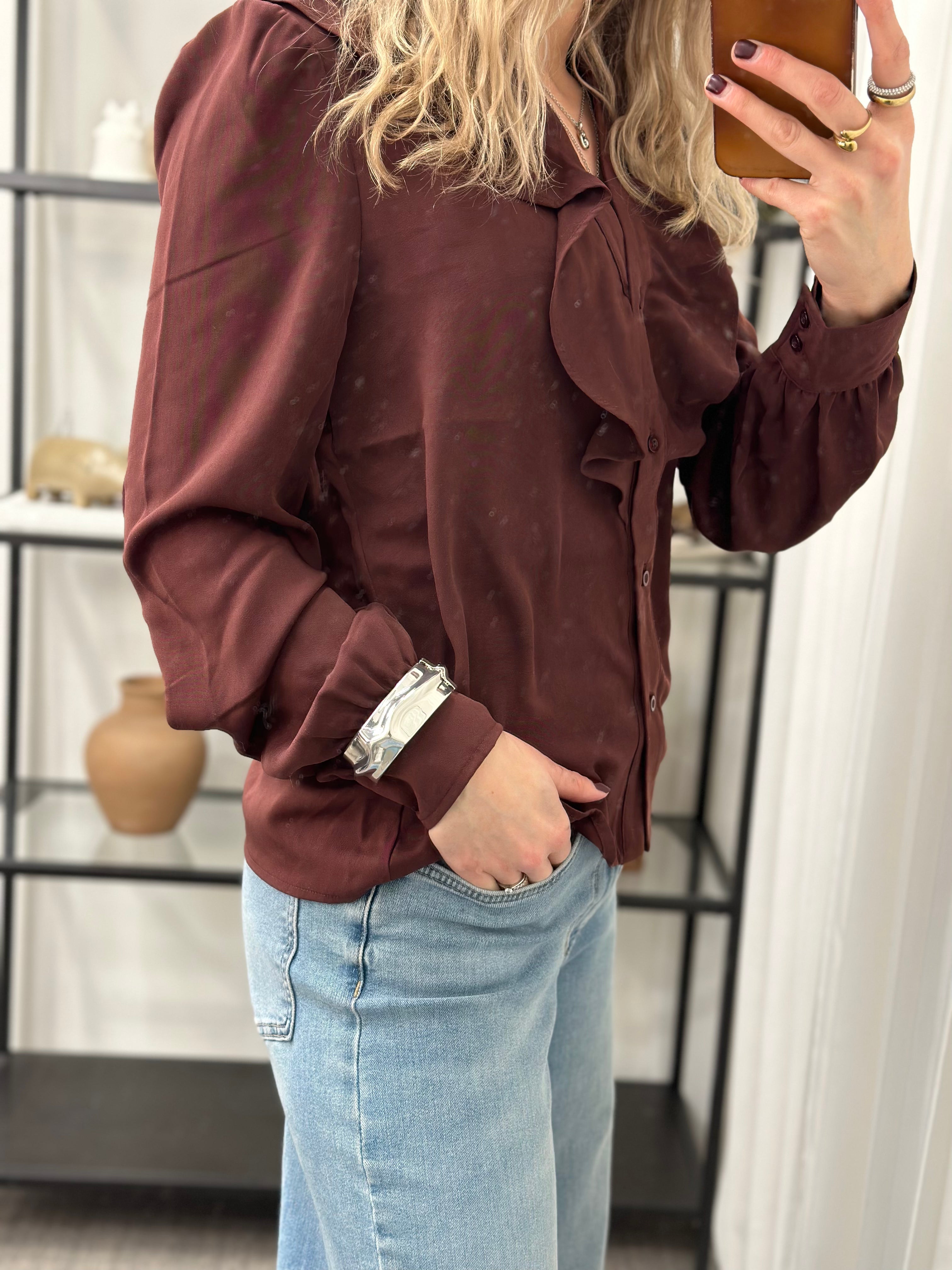 ONLY - THALIA LIFE LS V-NECK FRILL TOP - DECADENT CHOCOLATE