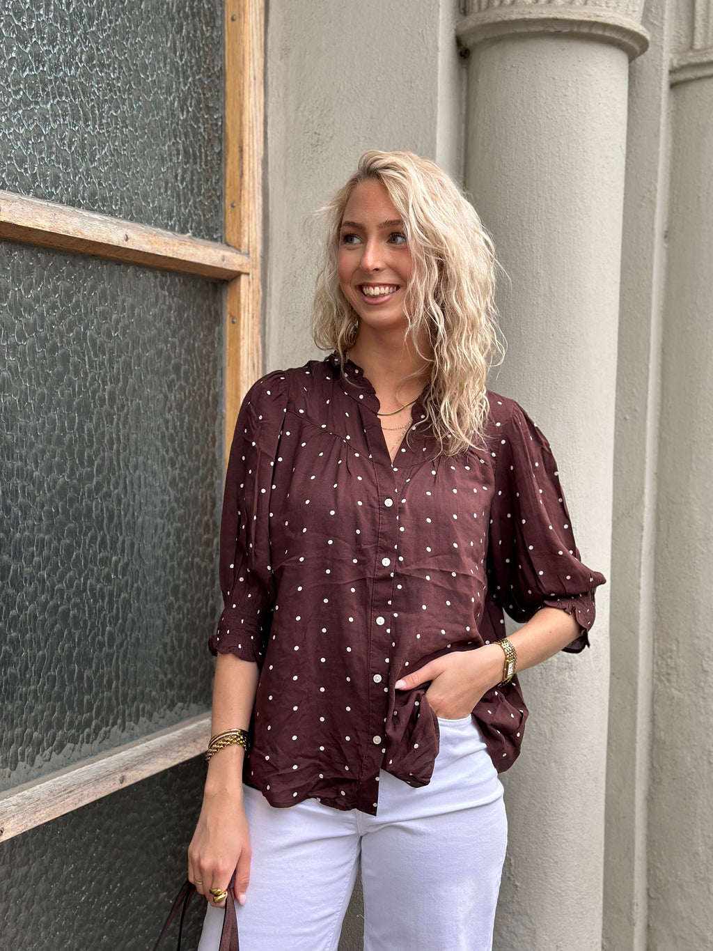 ONLY - RAYA 3/4 SHIRT - DEEP MAHOGANY/DOTS