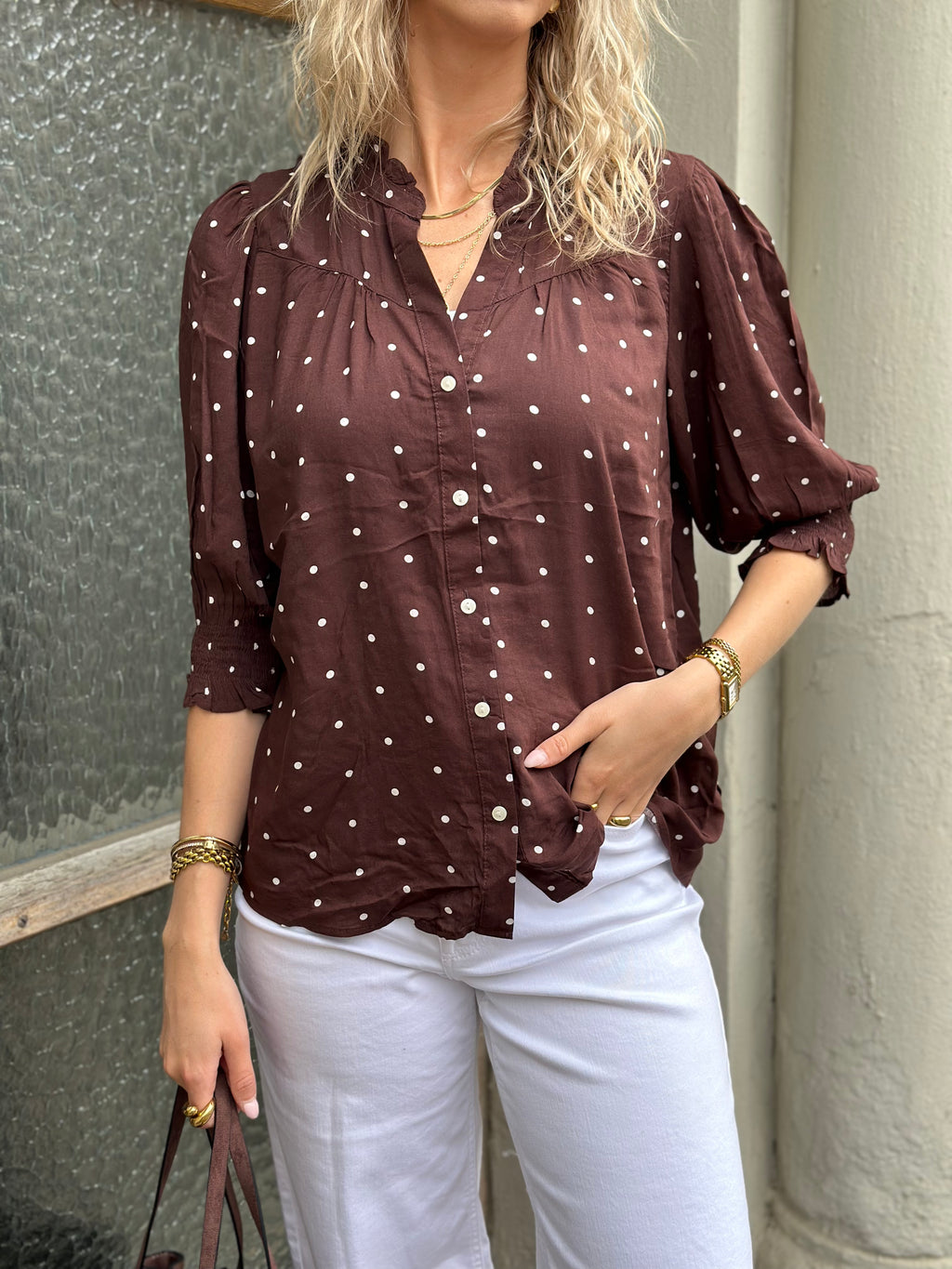 ONLY - RAYA 3/4 SHIRT - DEEP MAHOGANY/DOTS