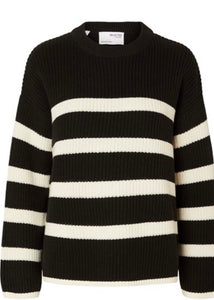 SELECTED FEMME - BLOOMIE LS KNIT O-NECK - BLACK/SNOW WHITE