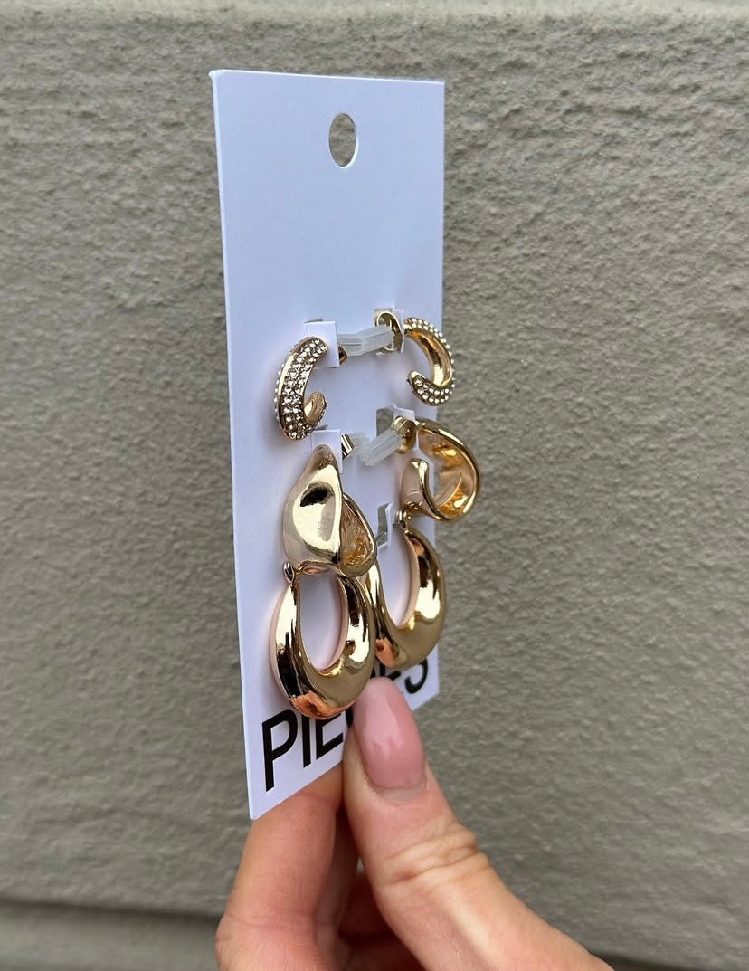 PIECES - JENNY EARRINGS 3-PACK - GOLD