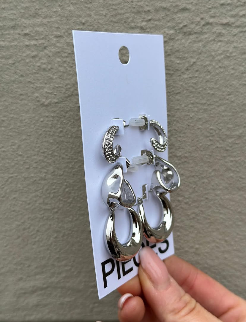 PIECES - JENNY EARRINGS 3-PACK - SILVER