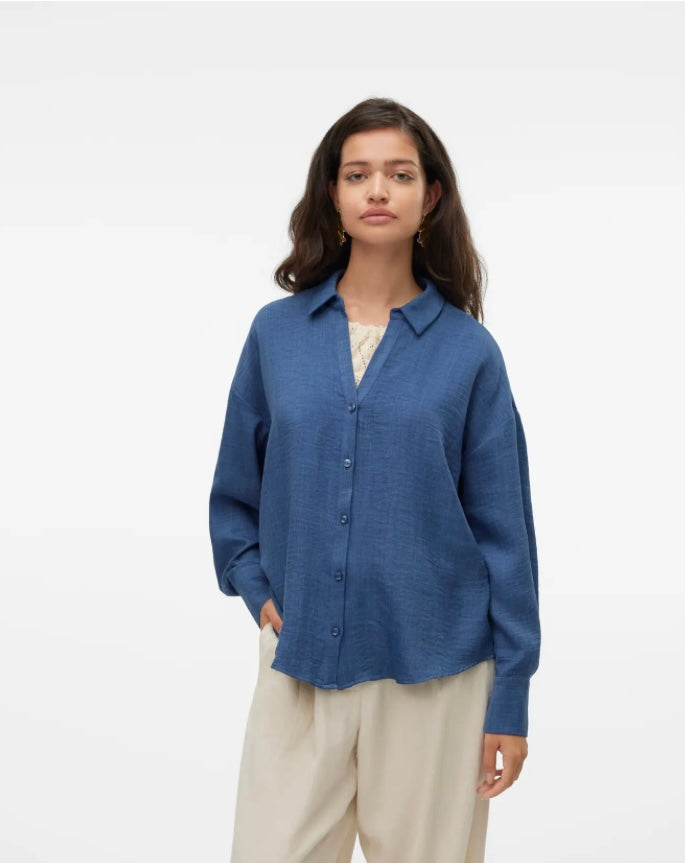 VEROMODA - MELANEY QUEENY LS SHIRT - DARK DENIM/MELANGE