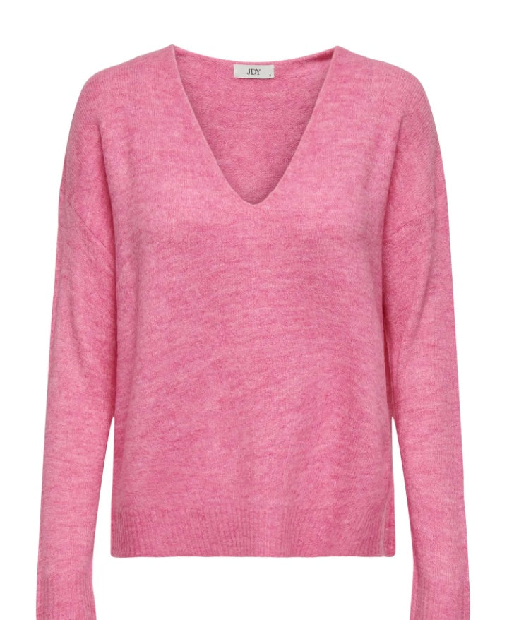 JDY - ELANORA L/S V-NECK PULLOVER KNIT - PINK COSMOS/MELANGE