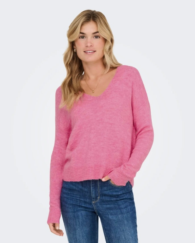 JDY - ELANORA L/S V-NECK PULLOVER KNIT - PINK COSMOS/MELANGE