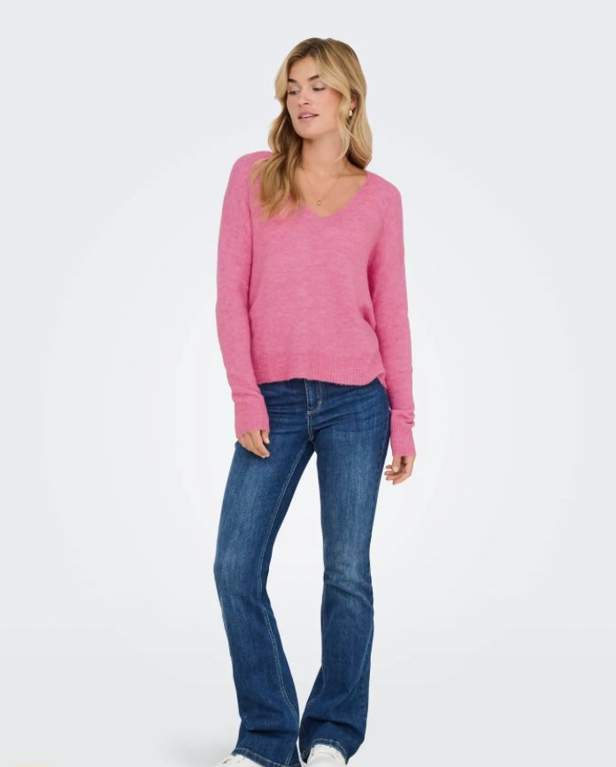 JDY - ELANORA L/S V-NECK PULLOVER KNIT - PINK COSMOS/MELANGE