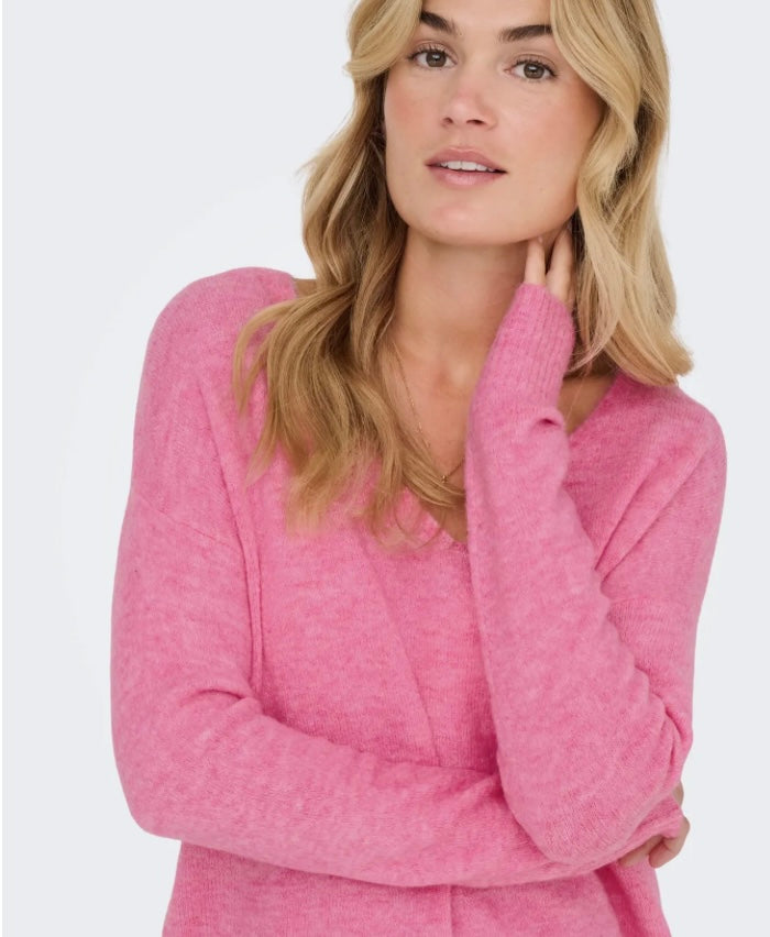 JDY - ELANORA L/S V-NECK PULLOVER KNIT - PINK COSMOS/MELANGE