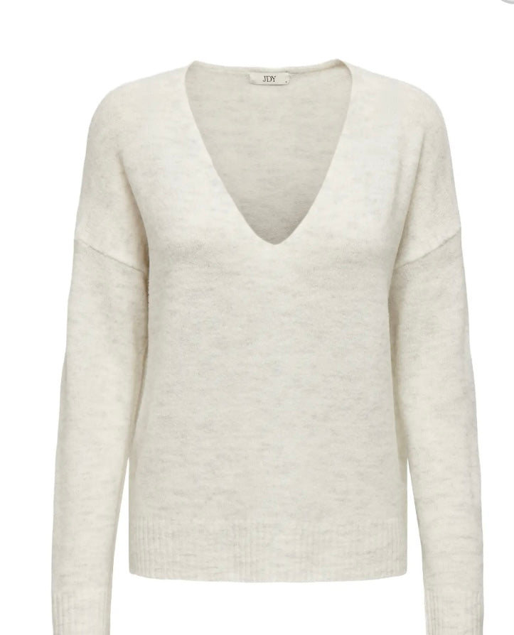 JDY - ELANORA L/S V-NECK PULLOVER - CLOUD DANCER MELANGE