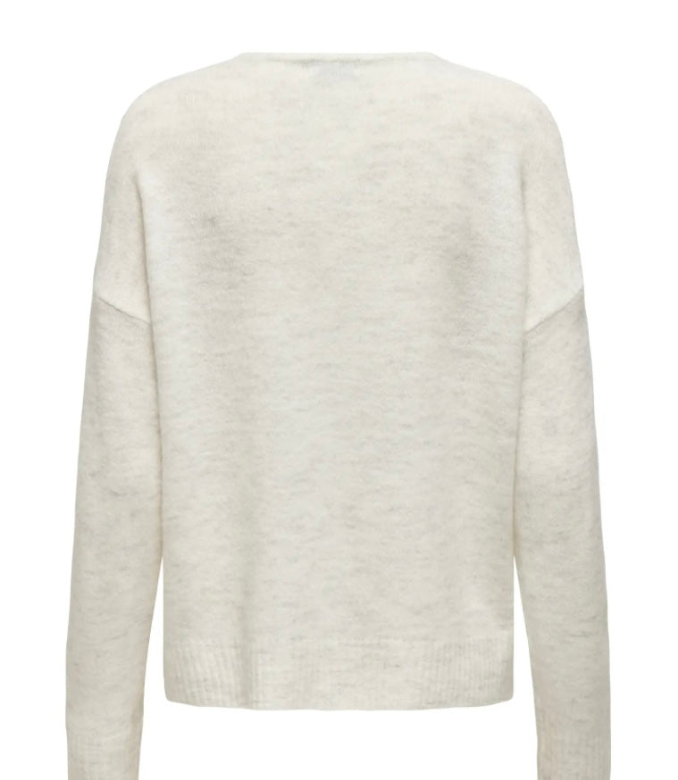 JDY - ELANORA L/S V-NECK PULLOVER - CLOUD DANCER MELANGE
