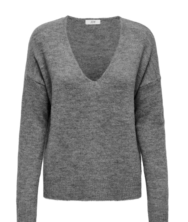 JDY - ELANORA L/S V-NECK PULLOVER - DARK GREY MELANGE
