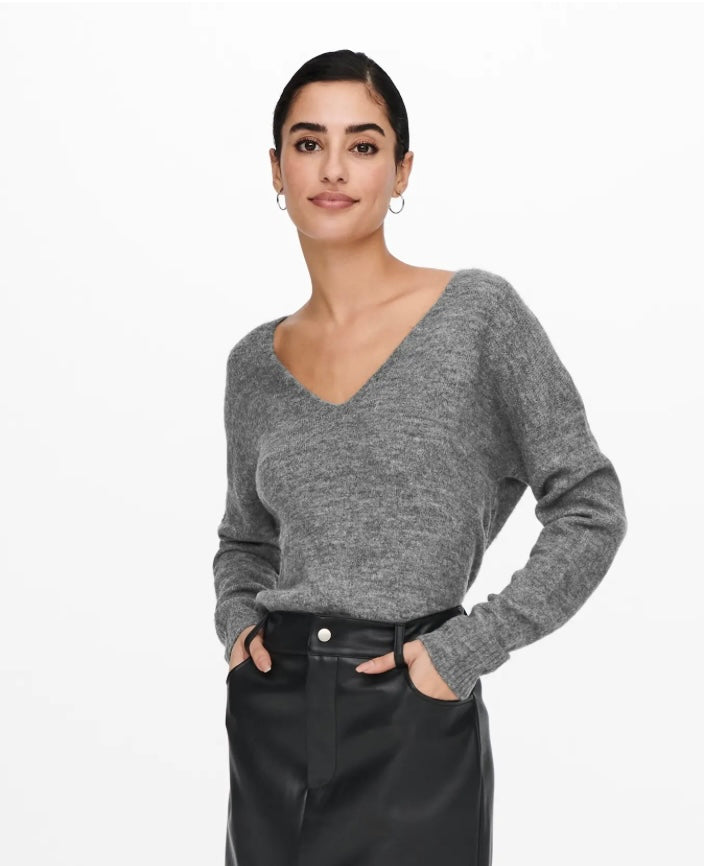 JDY - ELANORA L/S V-NECK PULLOVER - DARK GREY MELANGE