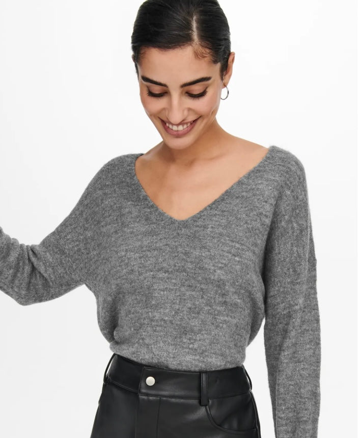 JDY - ELANORA L/S V-NECK PULLOVER - DARK GREY MELANGE