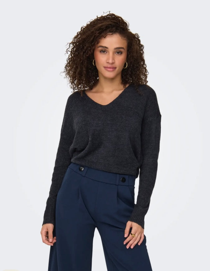 JDY - ELANORA L/S V-NECK PULLOVER - NIGHT SKY MELANGE