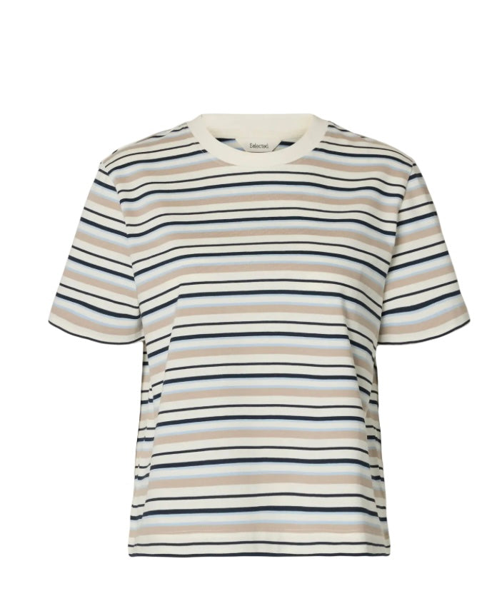 SELECTED FEMME - ESSENTIAL SS STRIPED BOXY TEE - CASHMERE BLUE/ MULTI STRIPE