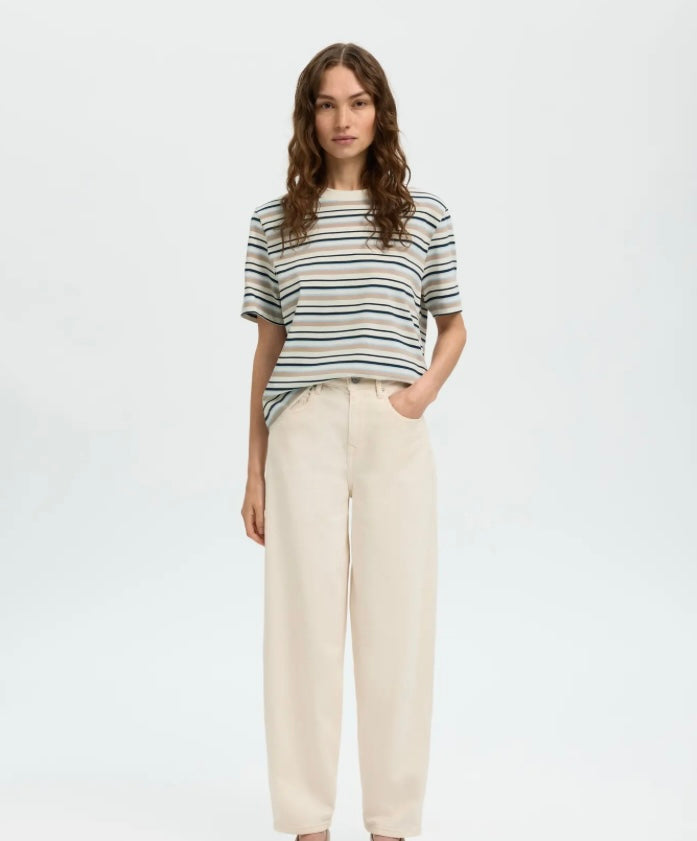 SELECTED FEMME - ESSENTIAL SS STRIPED BOXY TEE - CASHMERE BLUE/ MULTI STRIPE