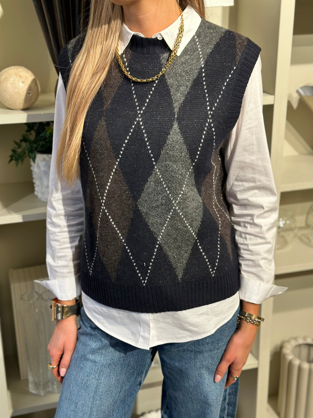 ONLY - RHOMBUS ARGYLE VEST - NIGHT SKY HARLEQUIN