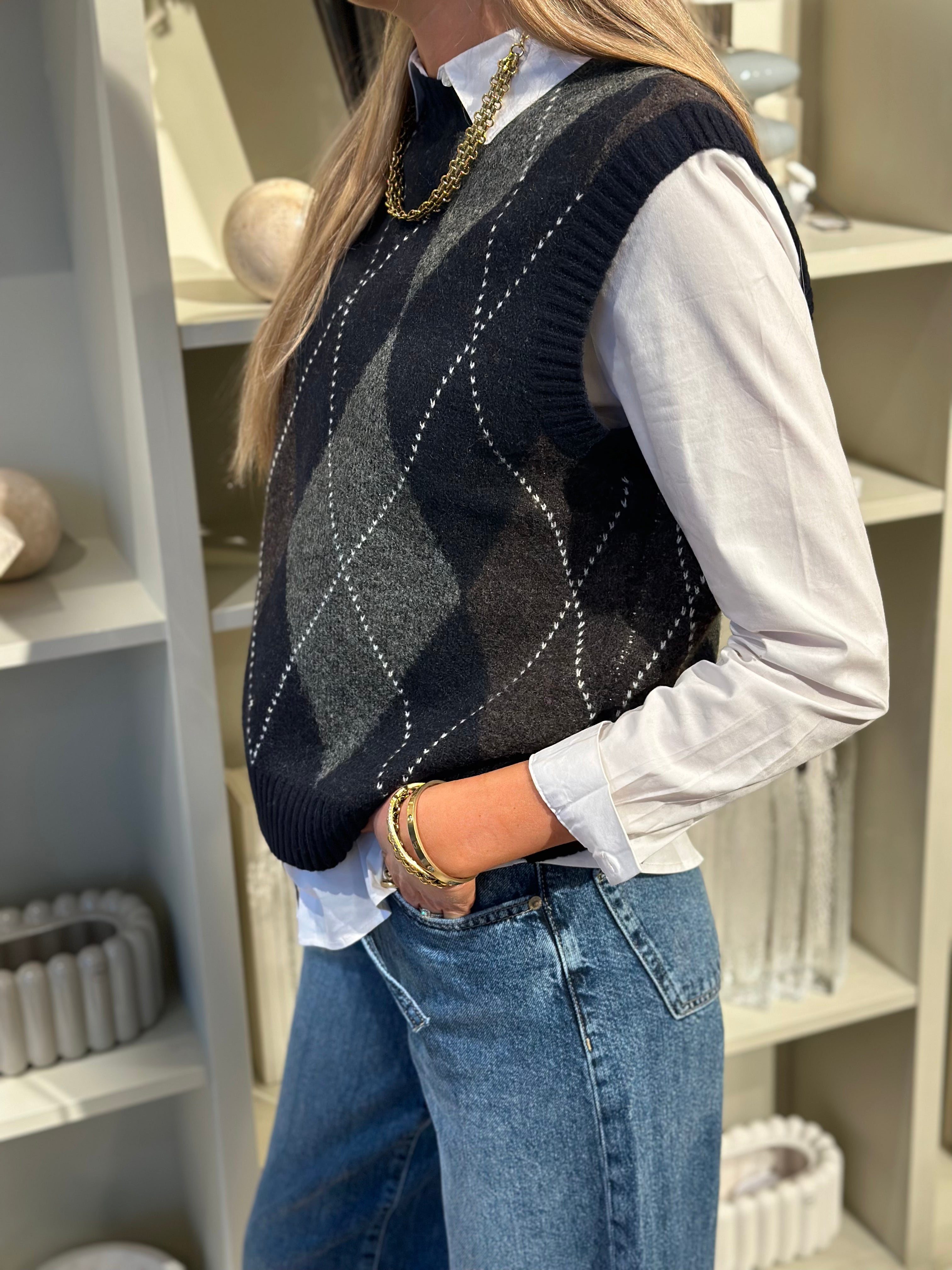 ONLY - RHOMBUS ARGYLE VEST - NIGHT SKY HARLEQUIN