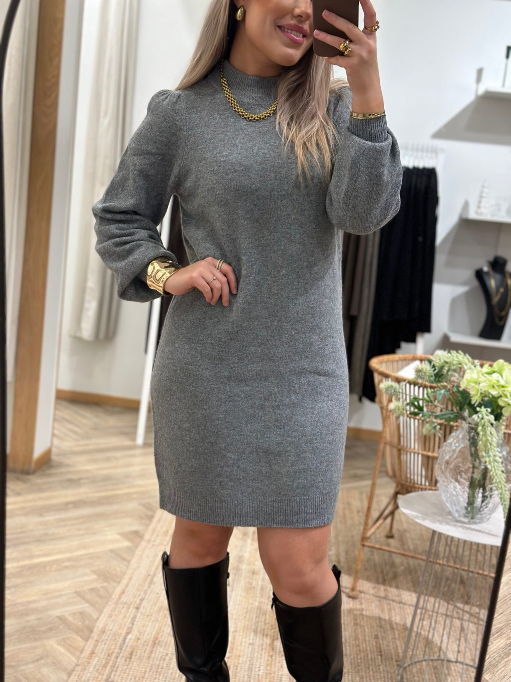 JDY - RUE LIFE L/S HIGH NECK DRESS - MEDIUM GREY MELANGE