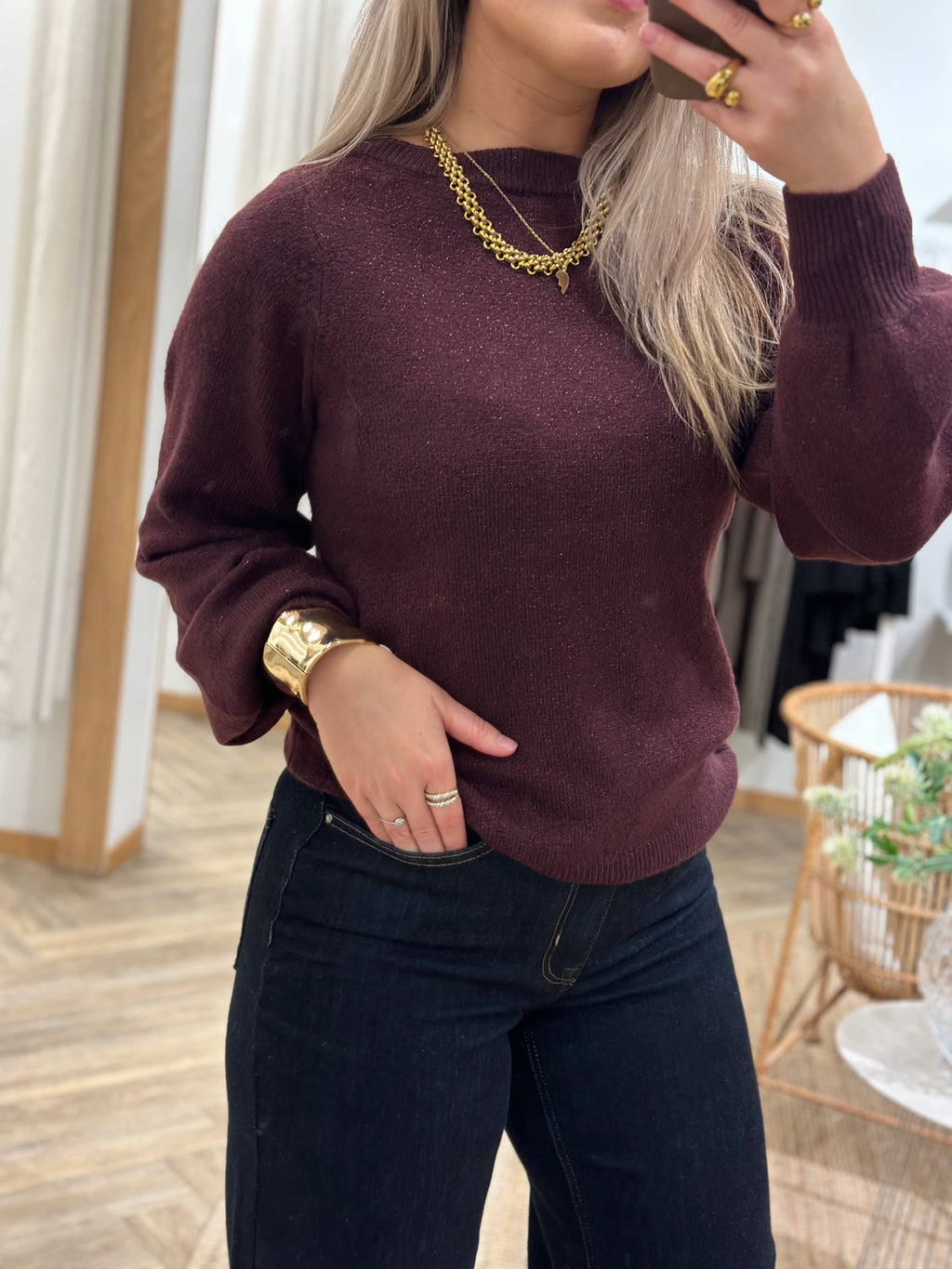 JDY - RUE GLITTER L/S BOAT PULLOVE - WINETAISTING MELANGE / GLITTER