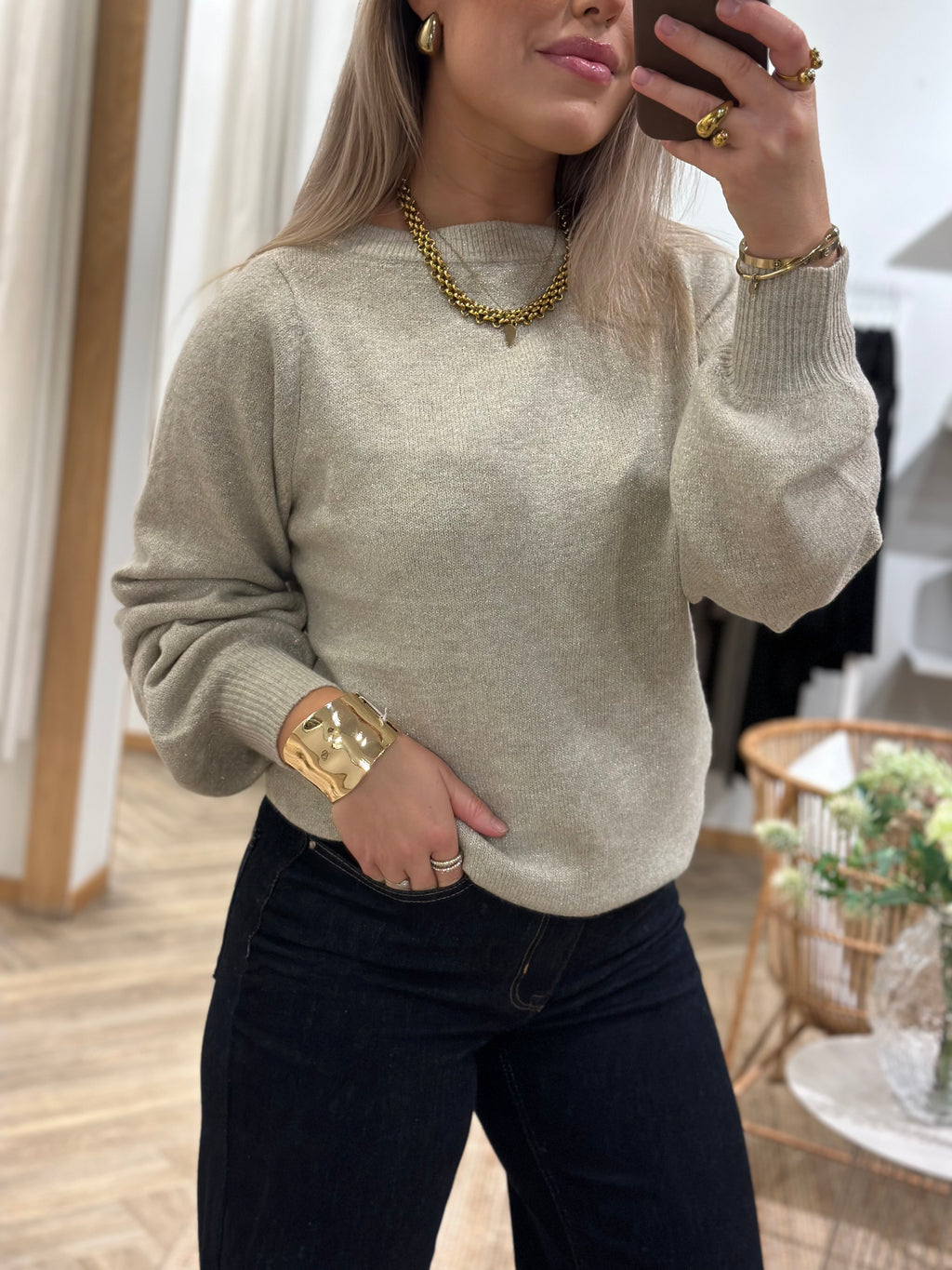 JDY - RUE GLITTER L/S BOAT PULLOVE - CHATEAU GREY MELANGE / GLITTER