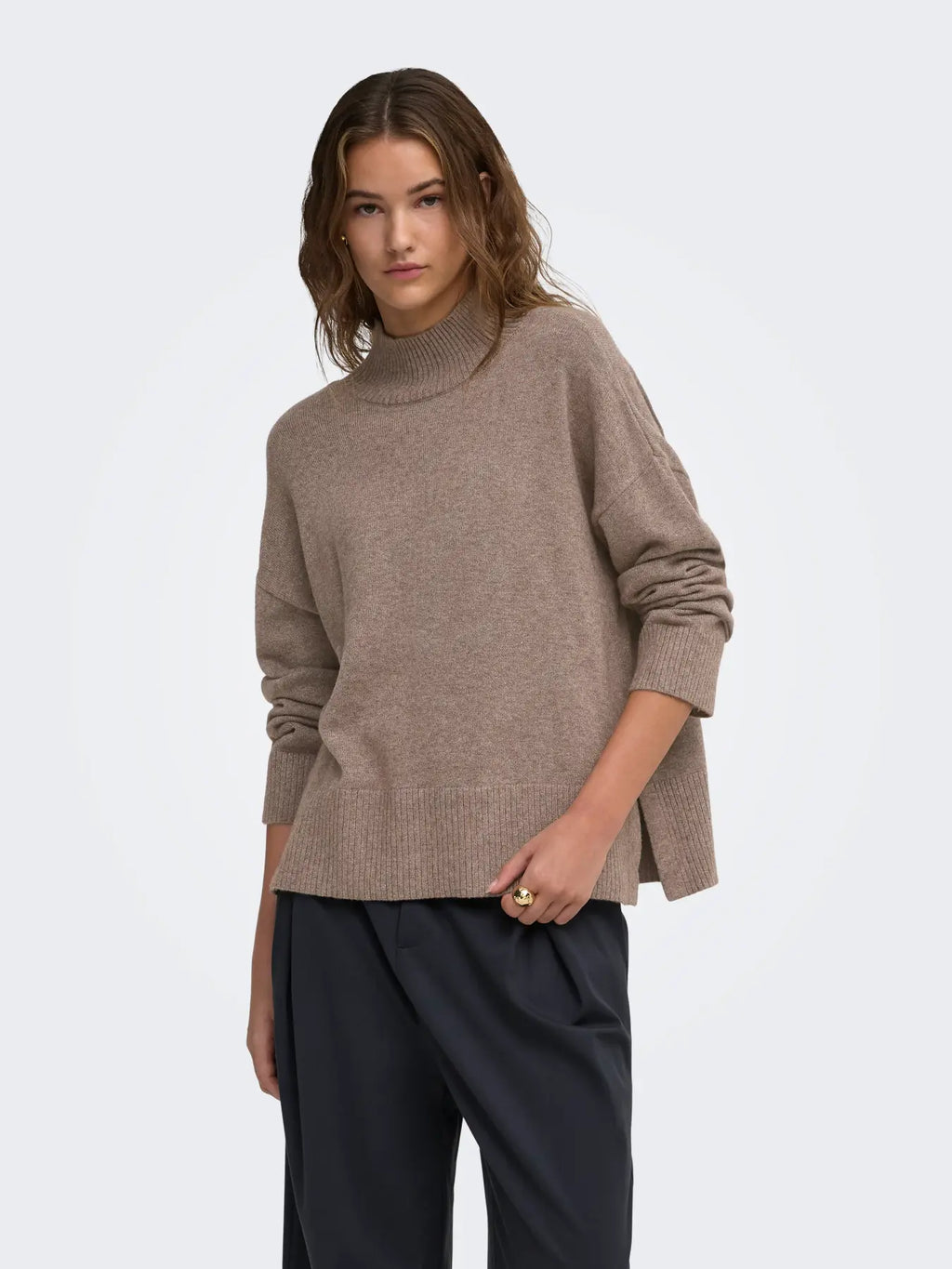 ONLY - MARY LS HIGH NECL SLIT KNIT - SHAVED CHOCOLAT/MELANGE