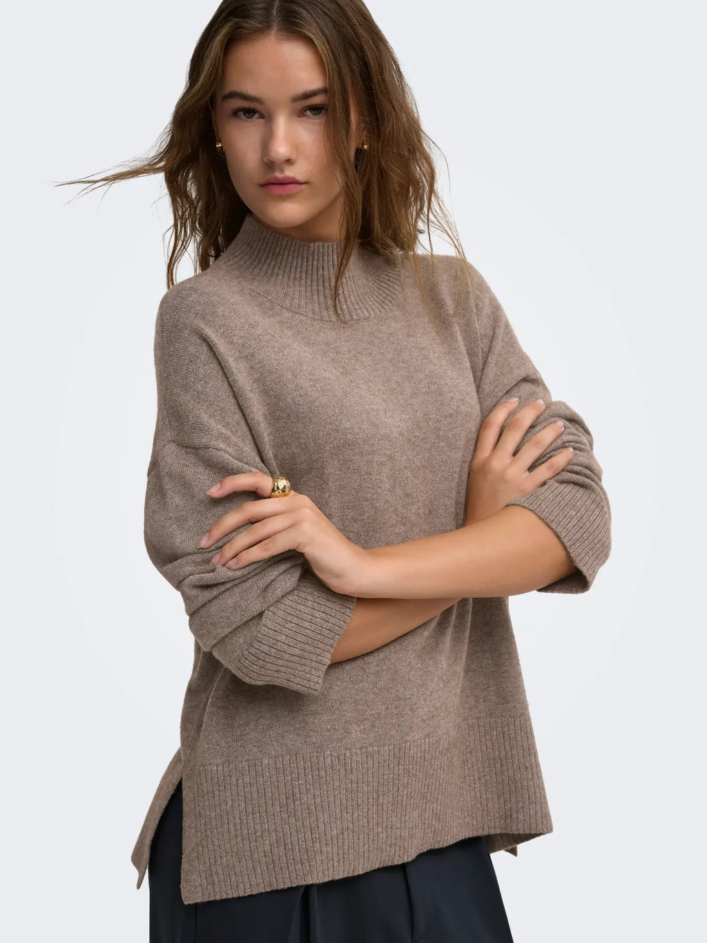 ONLY - MARY LS HIGH NECL SLIT KNIT - SHAVED CHOCOLAT/MELANGE
