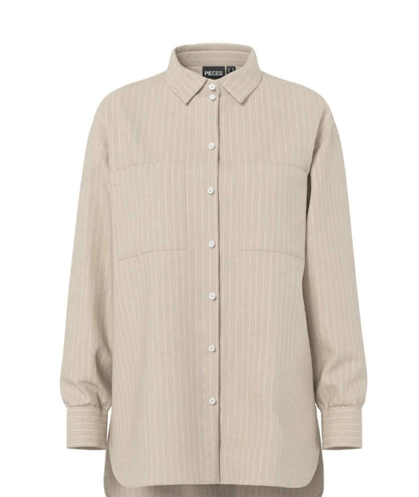 PIECES - MELIA LS LOOSE SHIRT - CROCKERY THIN/BRIGHT WHITE