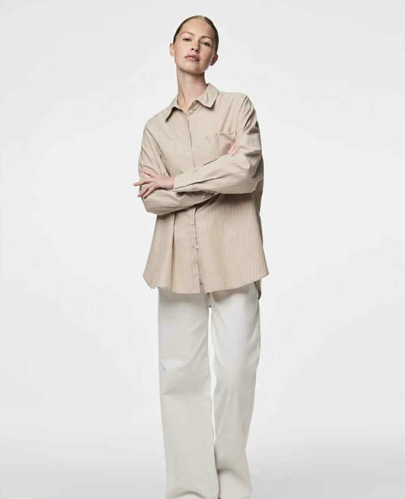 PIECES - MELIA LS LOOSE SHIRT - CROCKERY THIN/BRIGHT WHITE