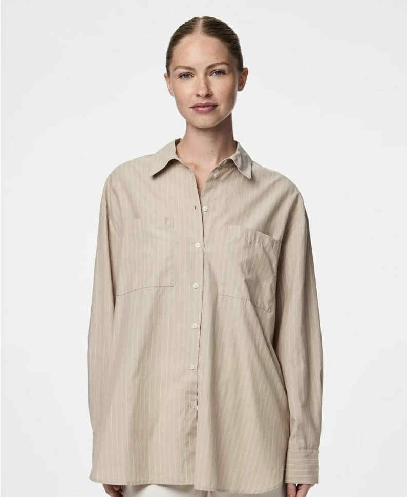 PIECES - MELIA LS LOOSE SHIRT - CROCKERY THIN/BRIGHT WHITE