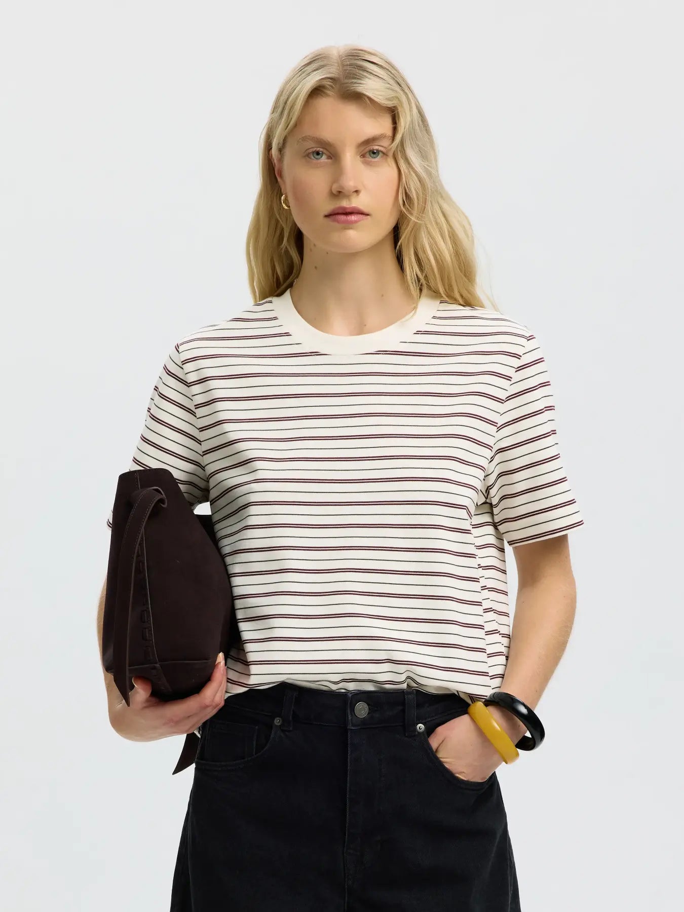 SELECTED FEMME - ESSENTIAL SS BOXY TEE - TAWNY PORT MULTI STRIPES