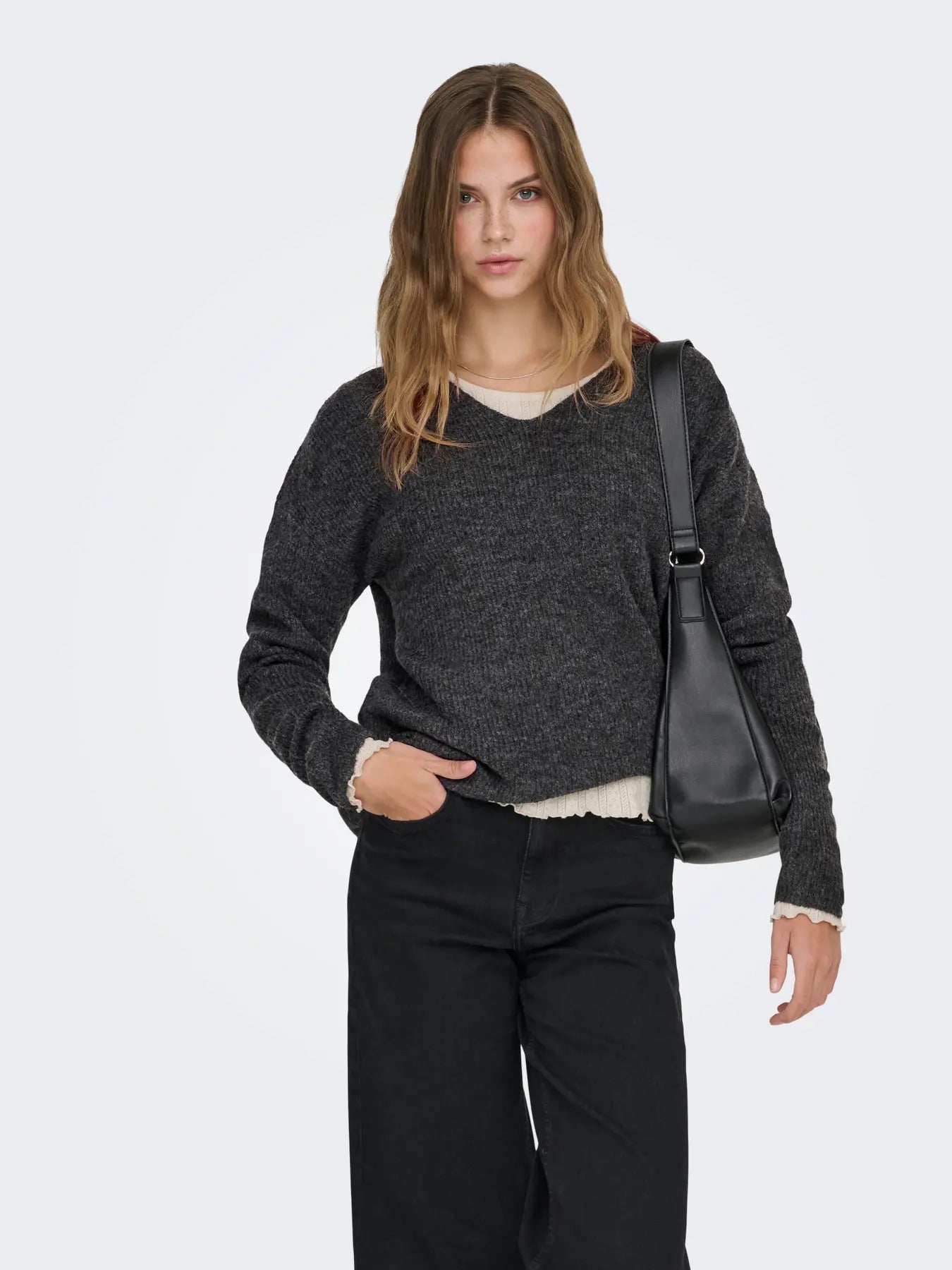 ONLY - CAMILLA V-NECK L/S PULLOVER KNIT - DARK GREY MELANGE